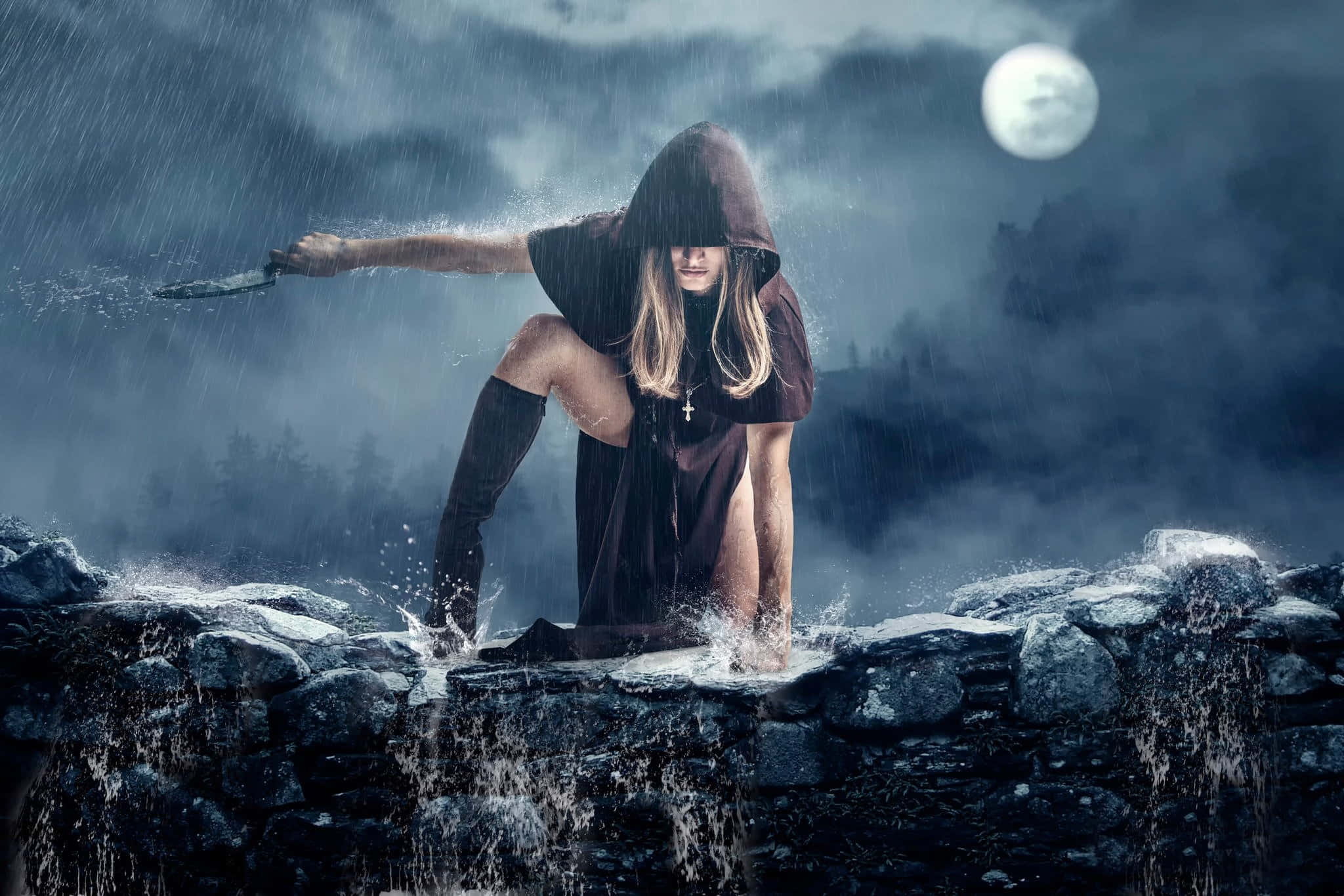 Magic Moon, full moon, hooded figure, Full HD Desktop Wallpaper