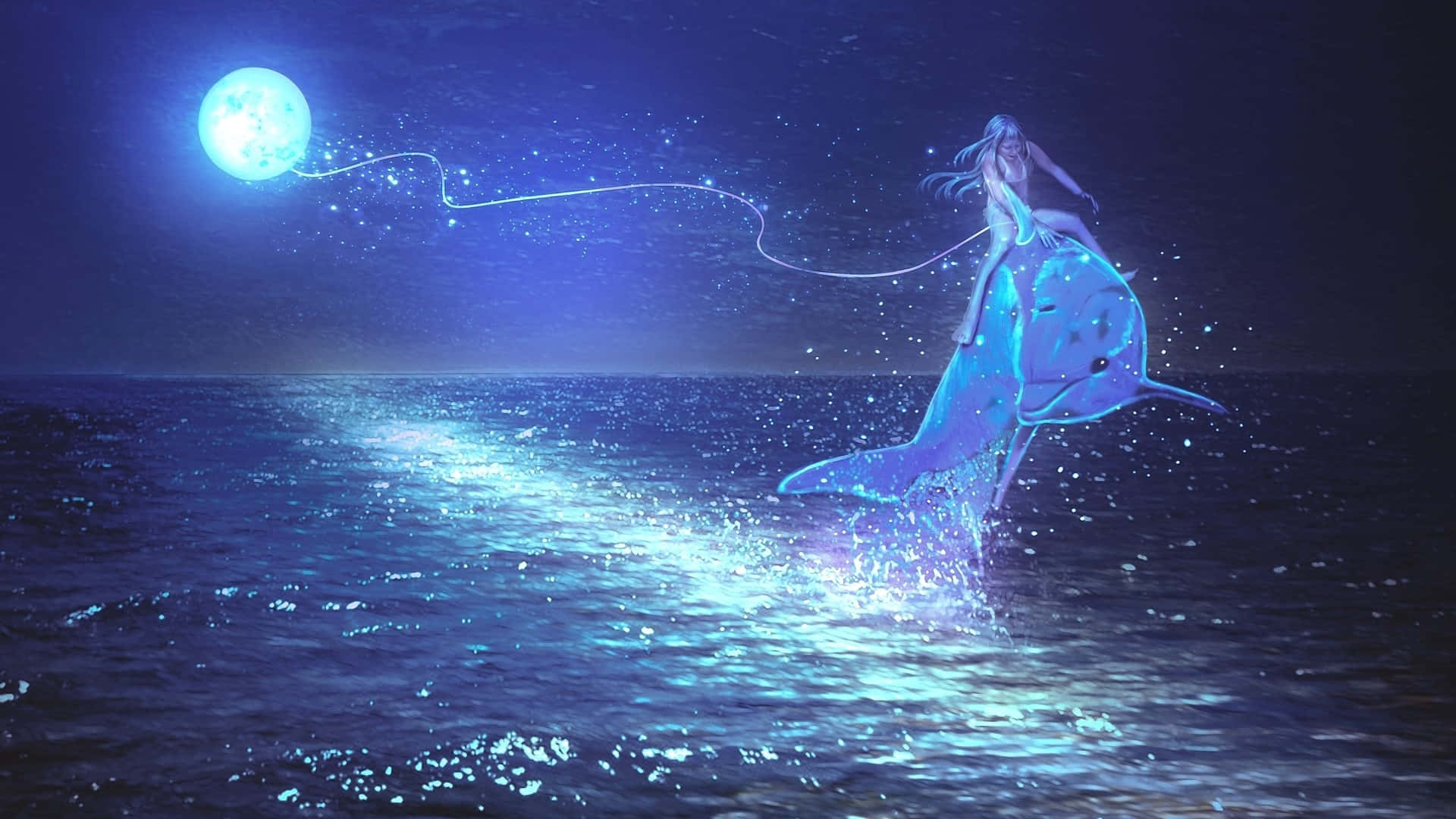 Magic Moon, glowing mermaid, luminous dolphin, Full HD Desktop Wallpaper