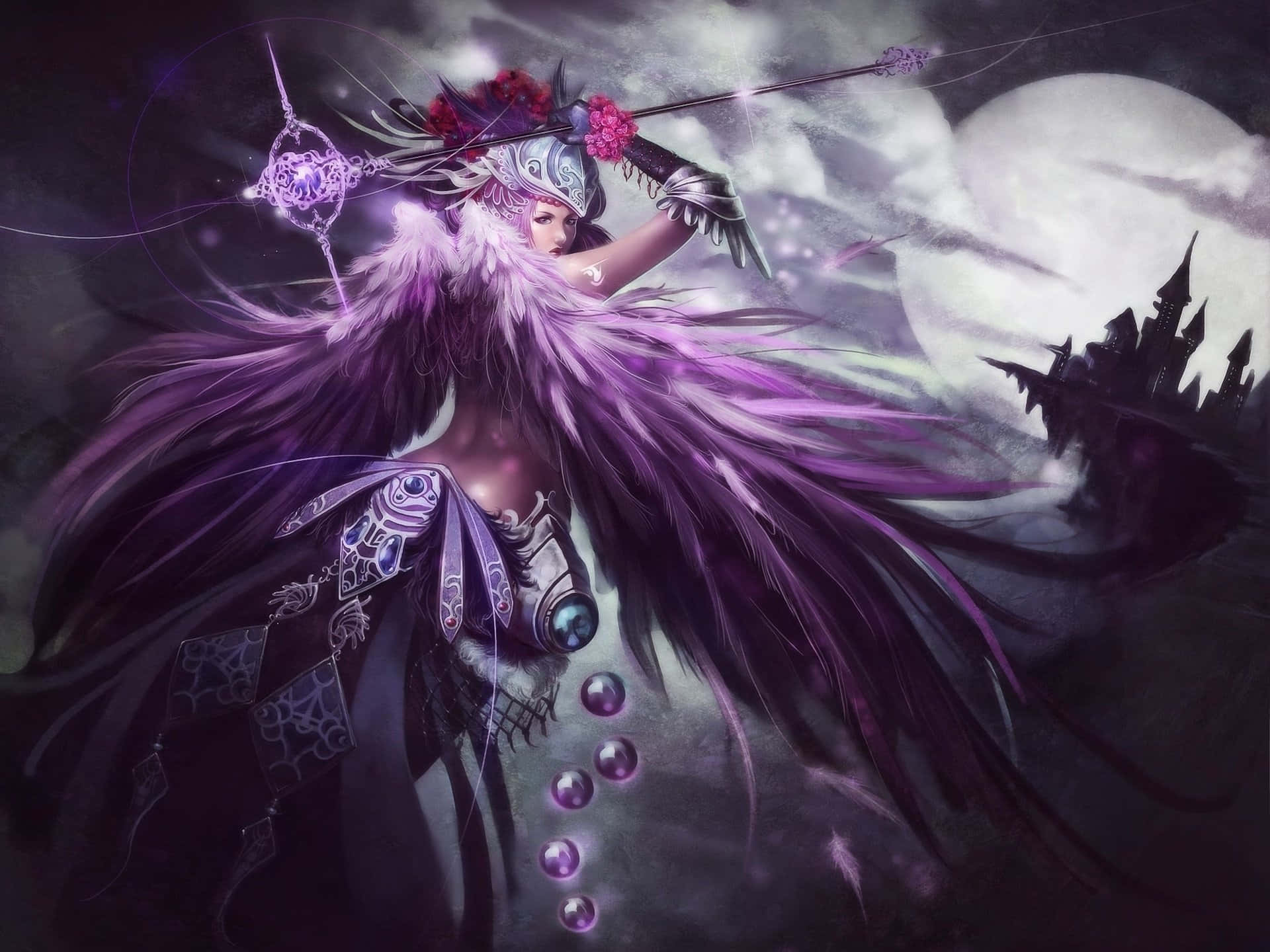 Magic Moon, purple feathered wings, glowing staff, Full HD Desktop Wallpaper