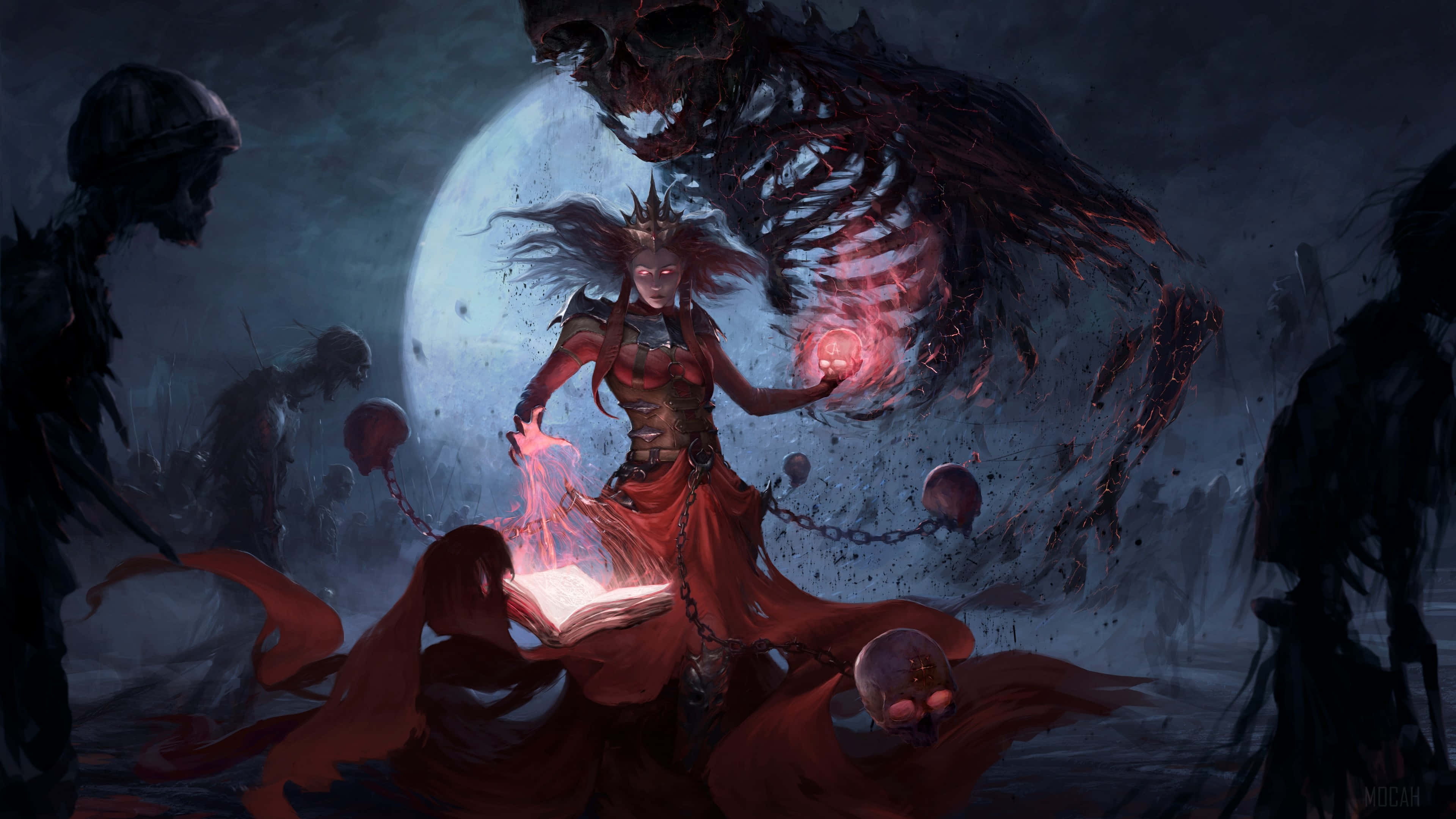 magic moon, red robes, glowing orb, 4K Desktop Wallpaper