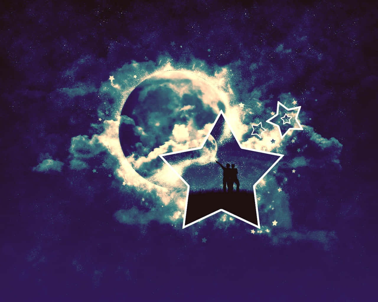 full moon, glowing star, crescent moon, HD Desktop Wallpaper