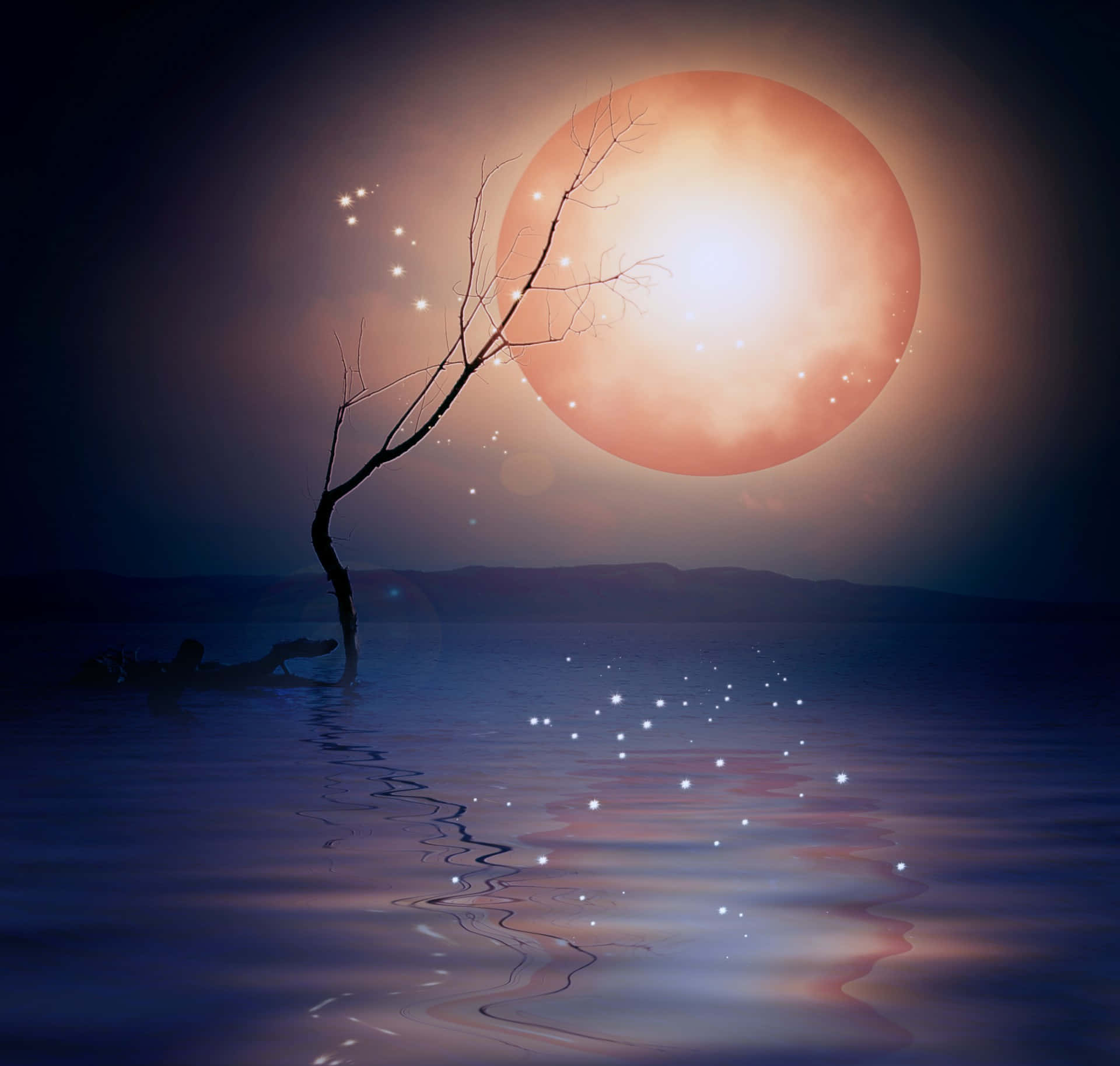Magic Moon, glowing orange moon, sparkling lights, Full HD Desktop Wallpaper