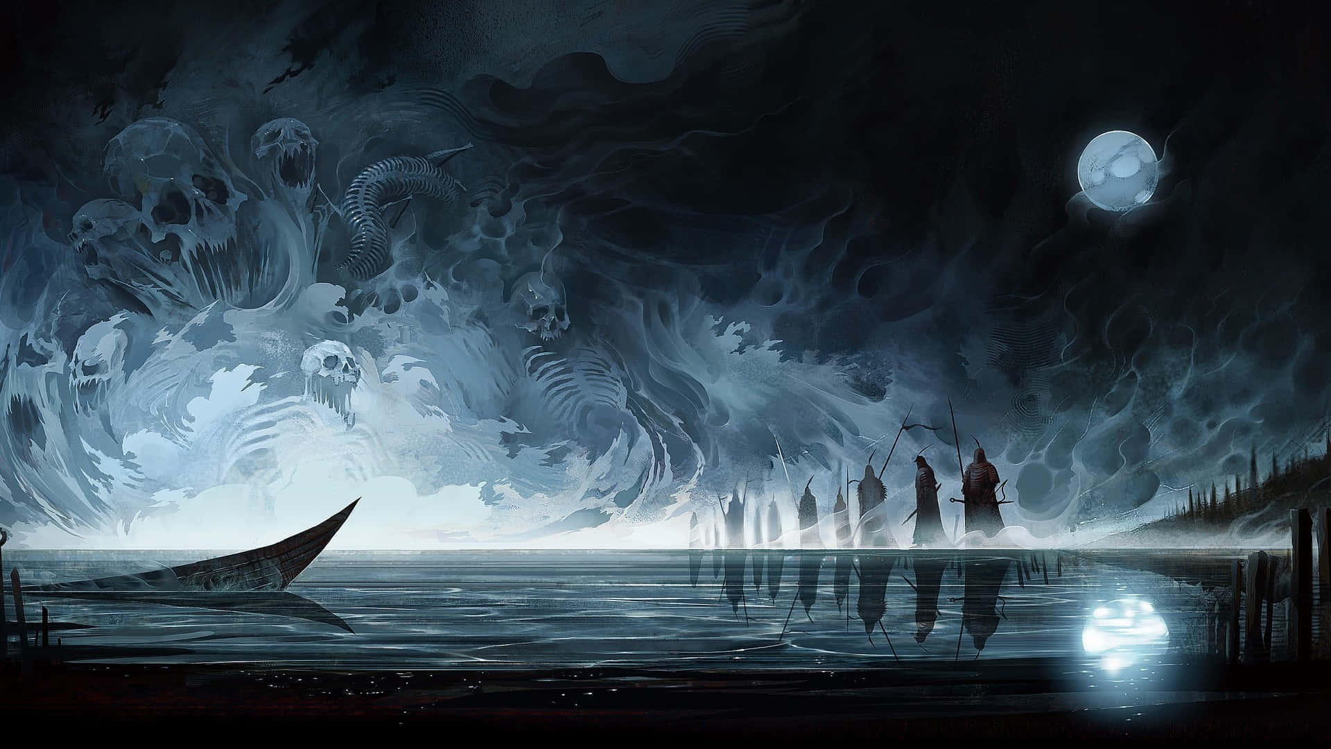 Magic Moon, misty shore, ghostly skulls, Full HD Desktop Wallpaper