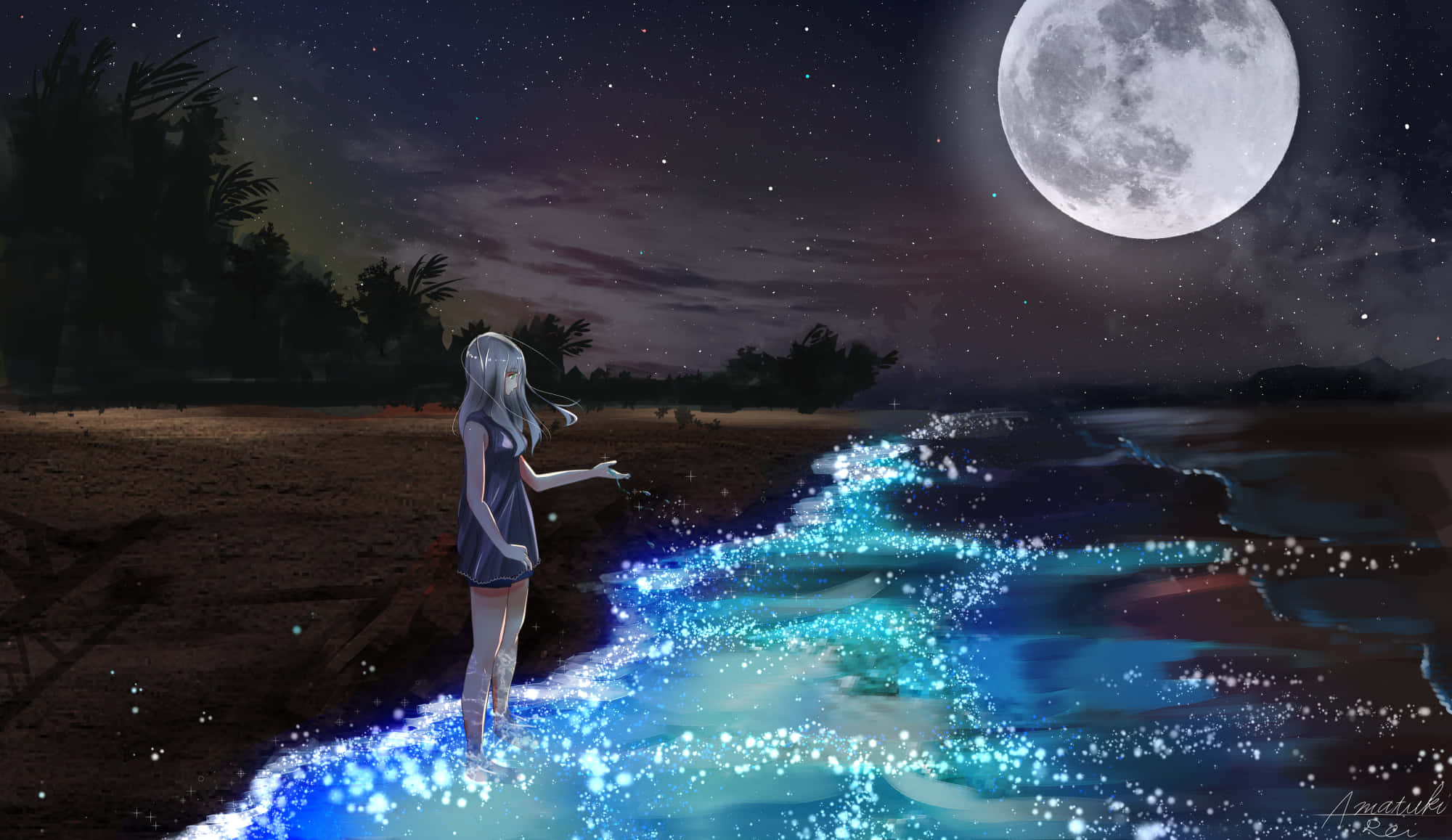 Magic Moon, silver-haired anime girl, glowing blue shoreline, Full HD Desktop Wallpaper