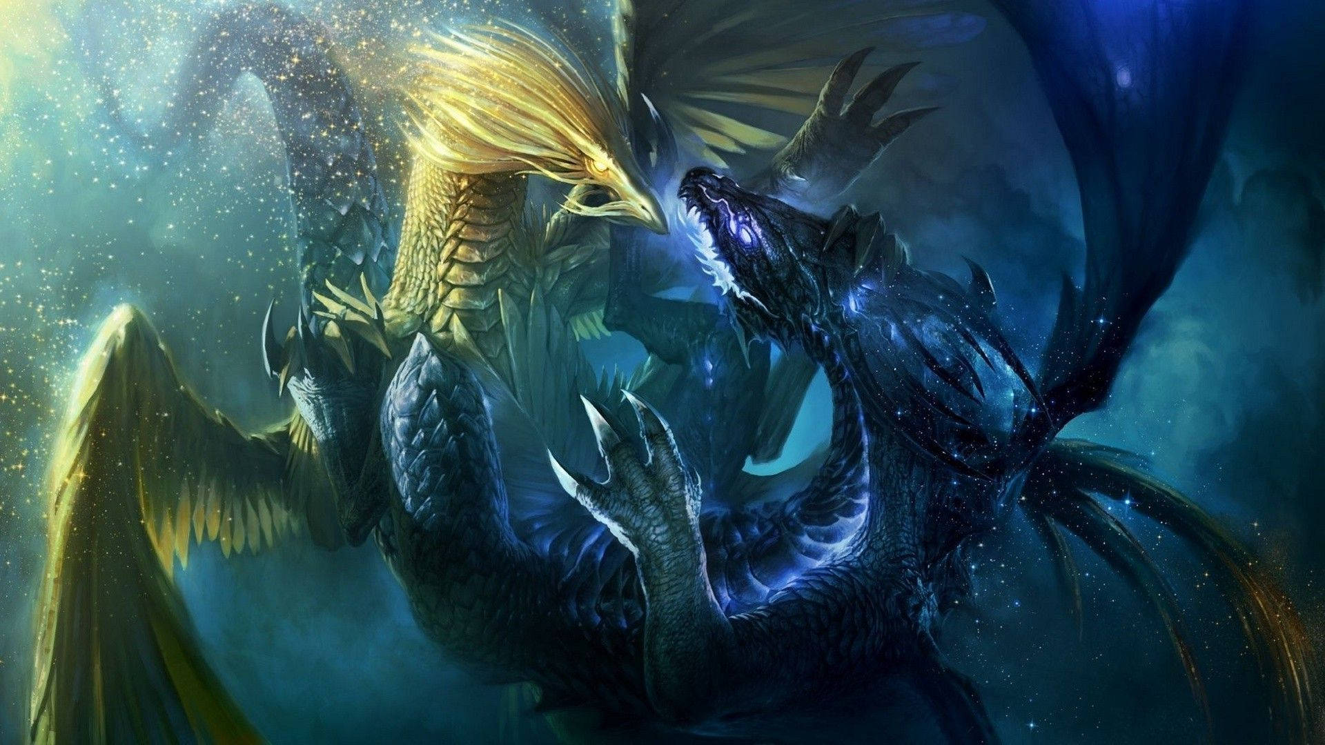 Magic The Gathering, golden phoenix, dark blue dragon, Full HD Desktop Wallpaper