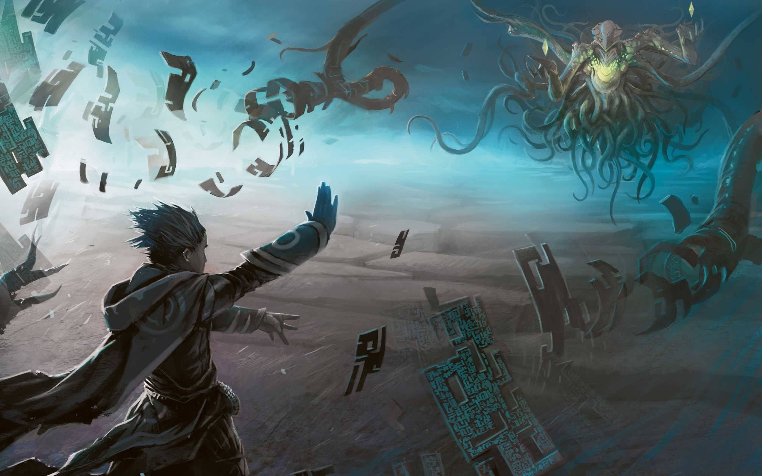 Magic The Gathering, warrior, colossal glowing tentacled monster, 2K Desktop Wallpaper