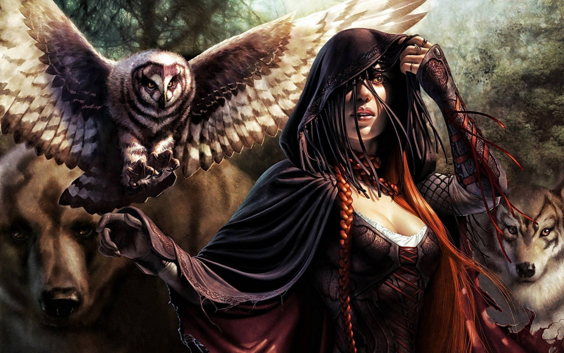 Magic The Gathering, hooded woman, red braided hair, Full HD Desktop Wallpaper
