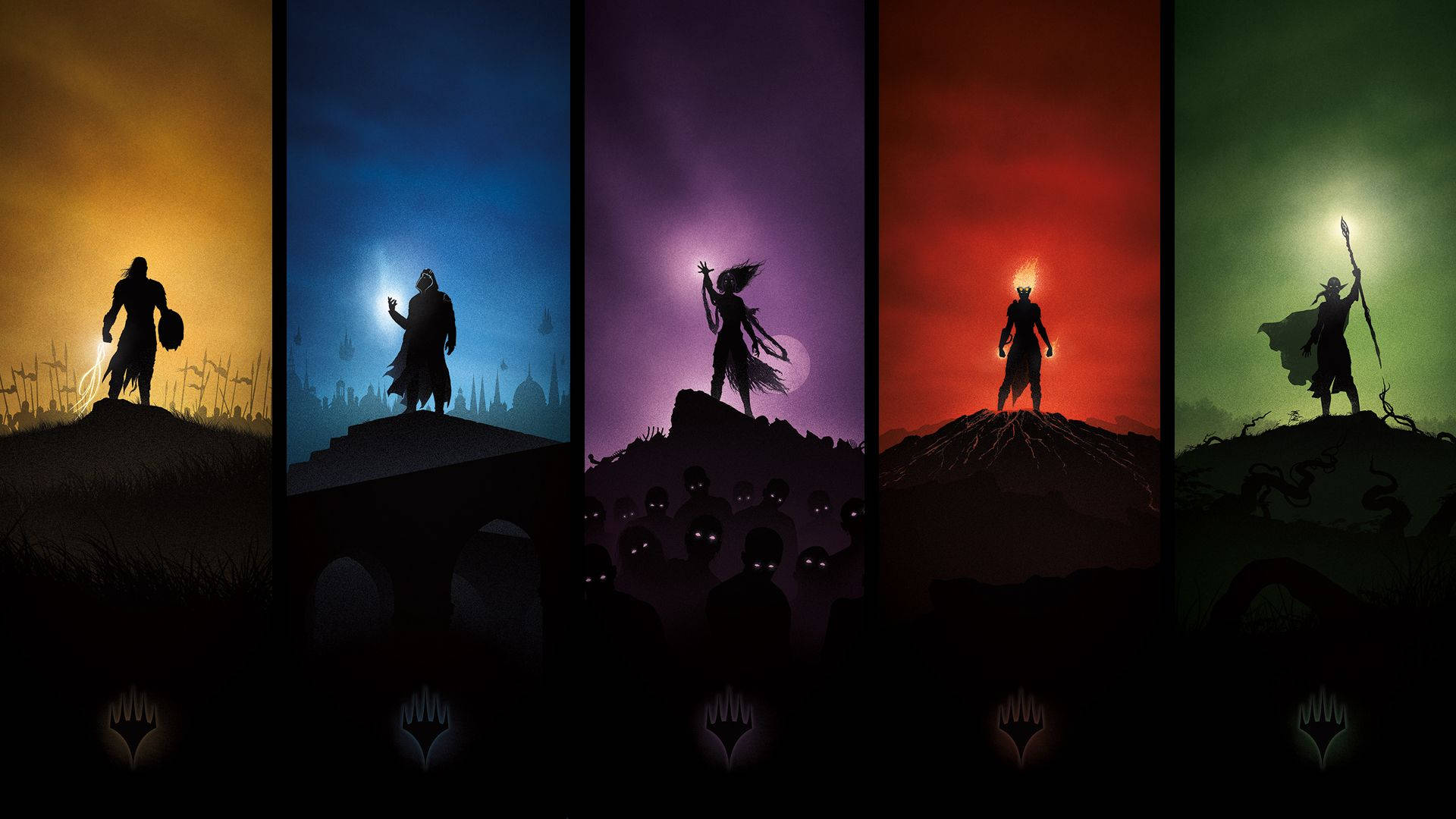 Magic The Gathering, silhouetted fantasy heroes, vibrant colored skies, Full HD Desktop Wallpaper