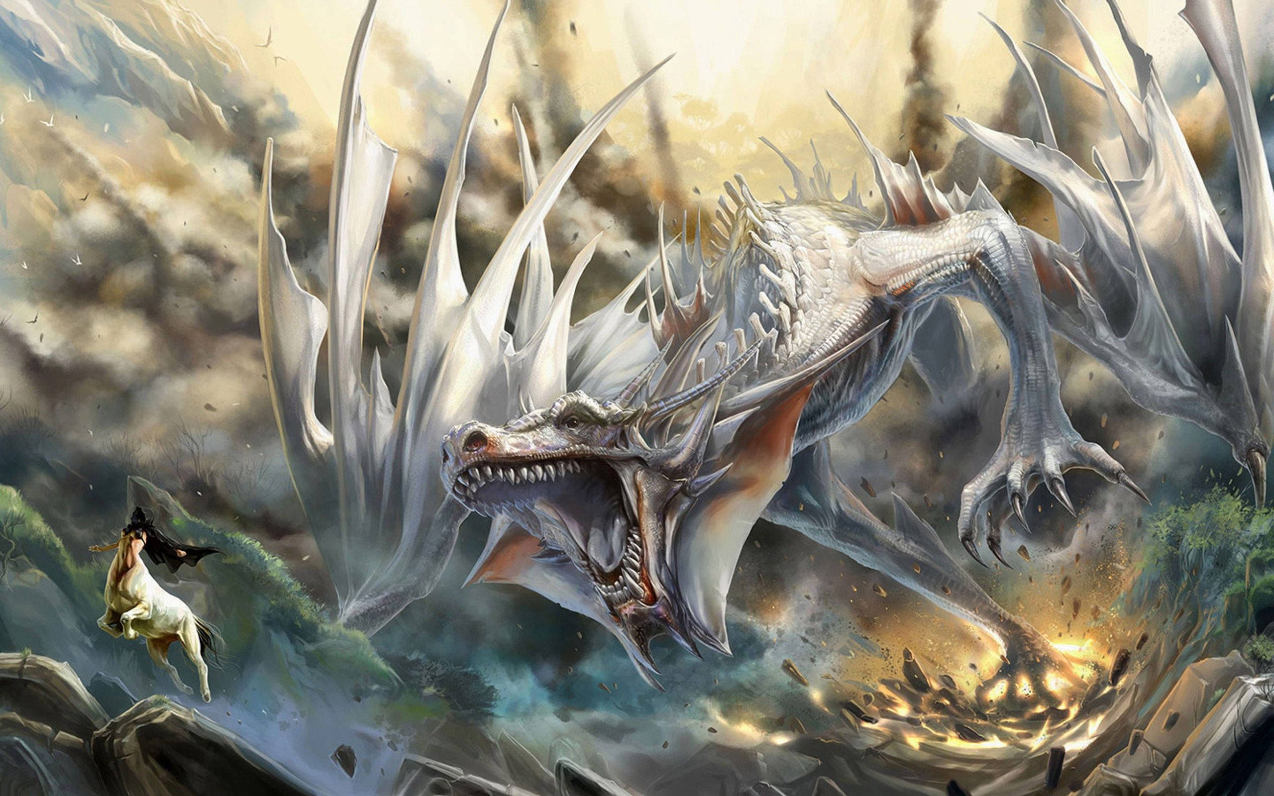 Magic The Gathering, roaring white dragon, spiked wings, 2K Desktop Wallpaper