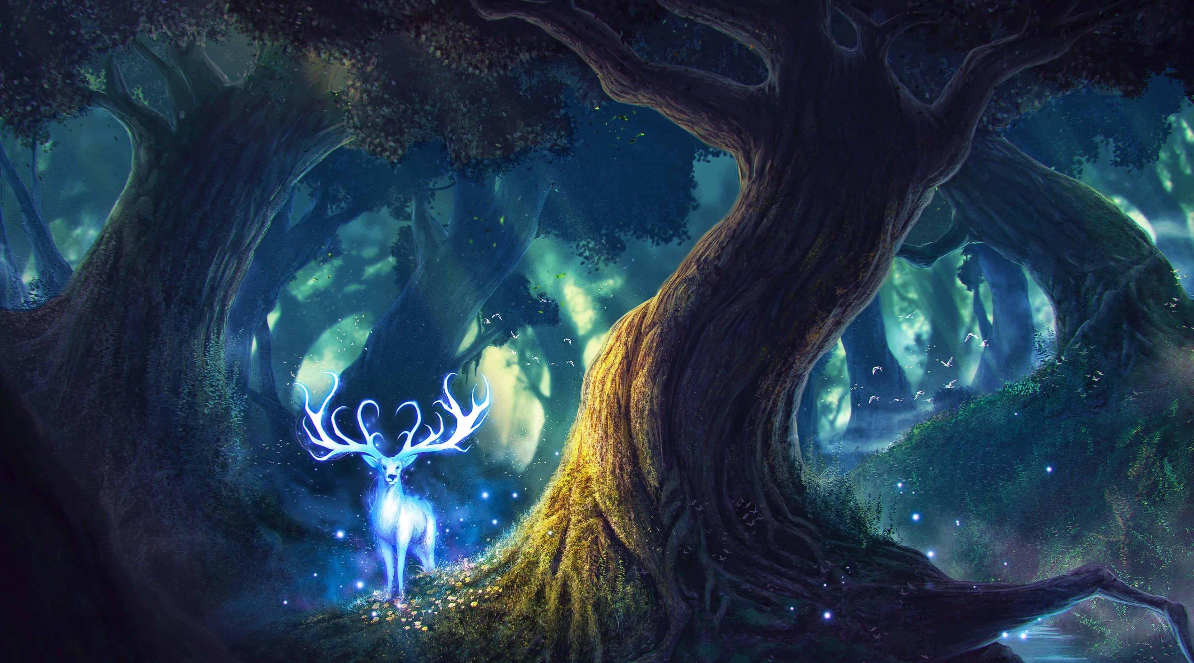 Magic The Gathering, magical forest, glowing blue deer, 4K Desktop Wallpaper
