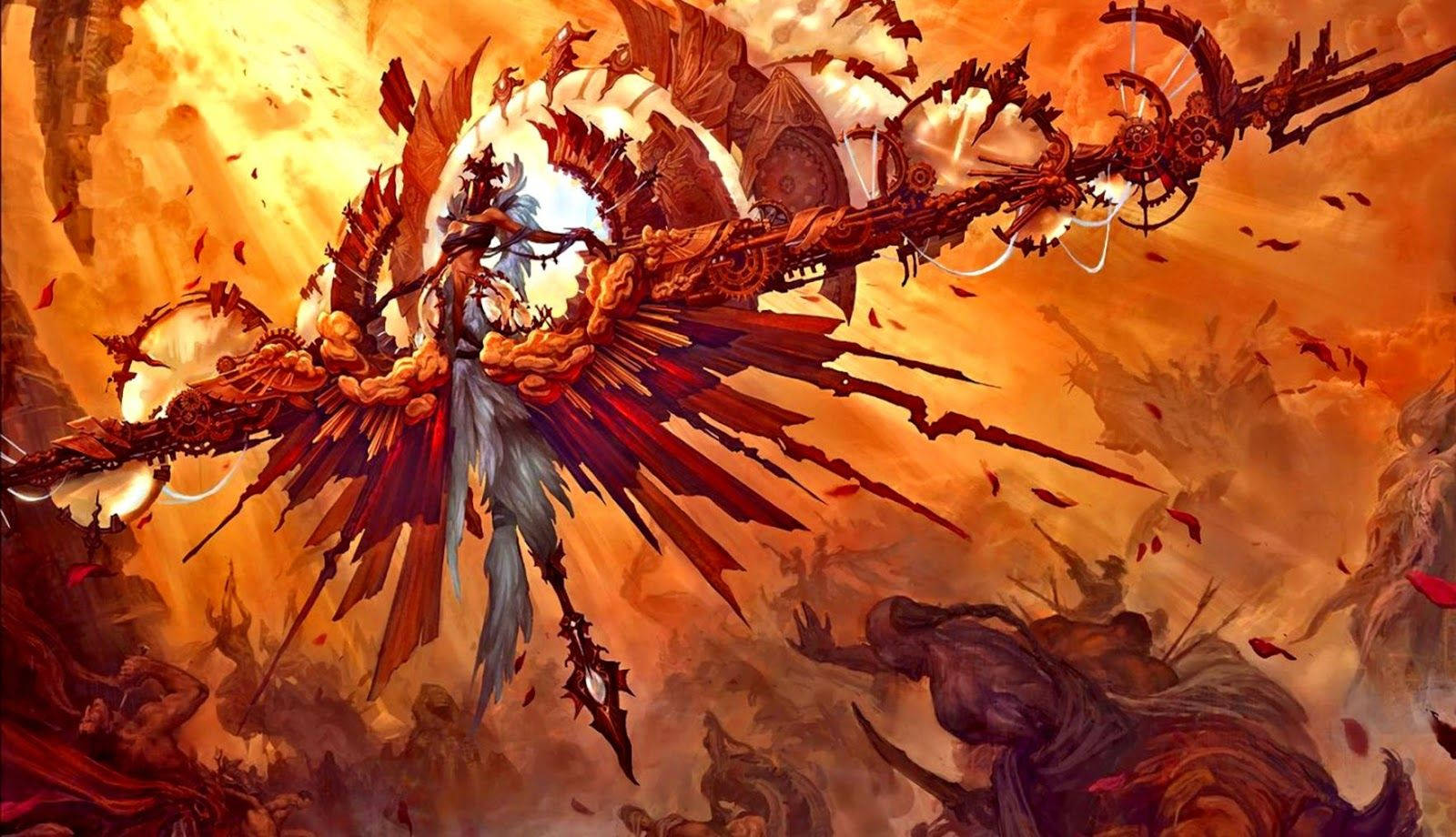 Magic: The Gathering, armored angel, fiery wings, HD Desktop Wallpaper