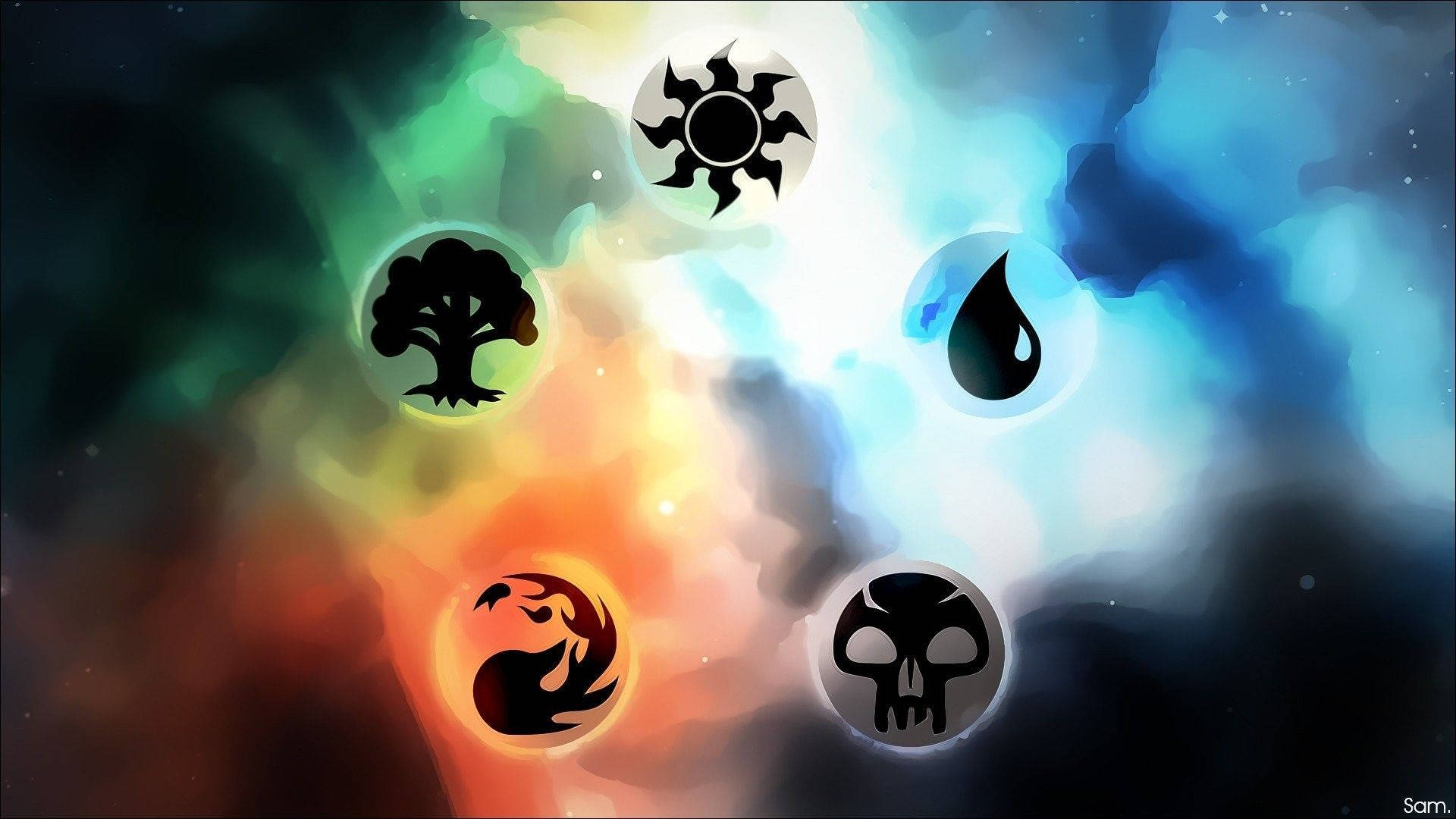 Magic the Gathering, elemental symbols, colorful nebulae, Full HD Desktop Wallpaper