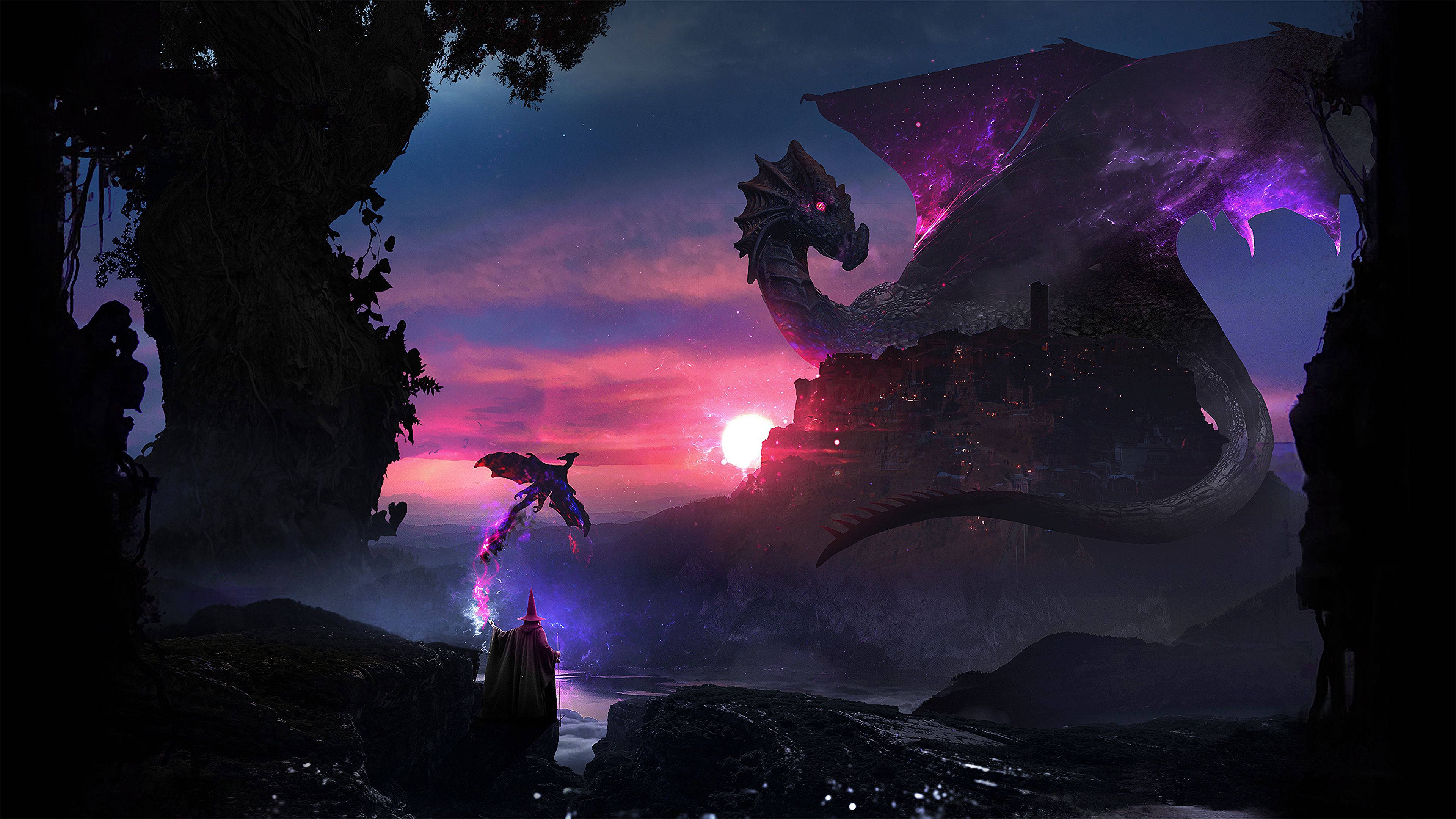 purple dragon, ruined castle, cosmic skies, 4K Desktop Wallpaper