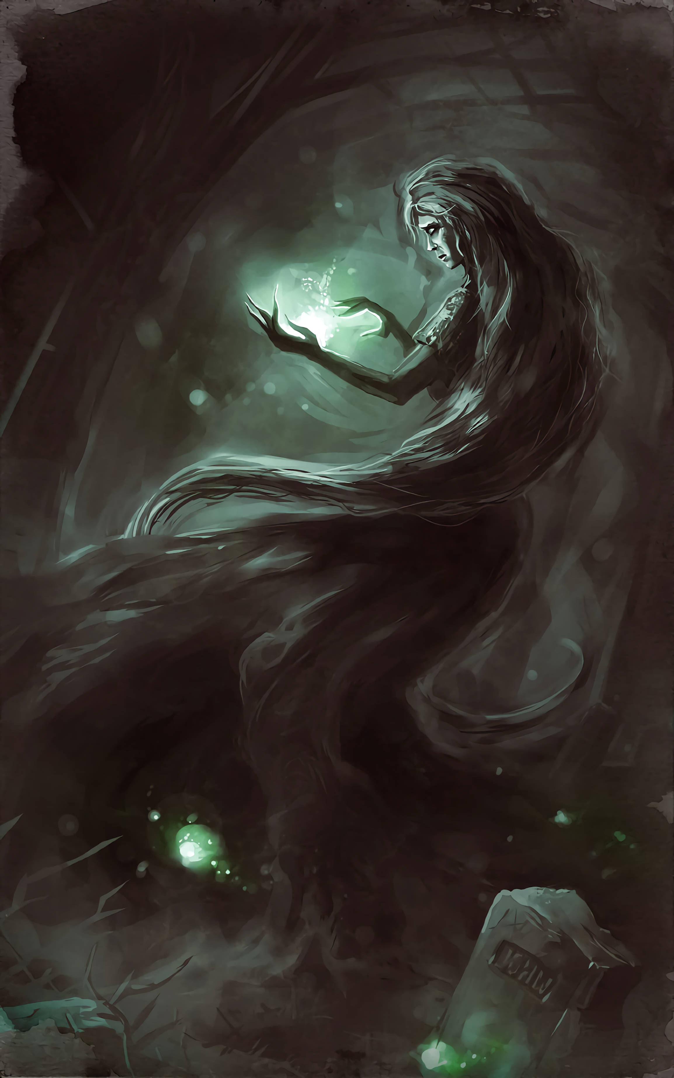 ghostly woman, long dark hair, misty graveyard, 2K Phone Wallpaper
