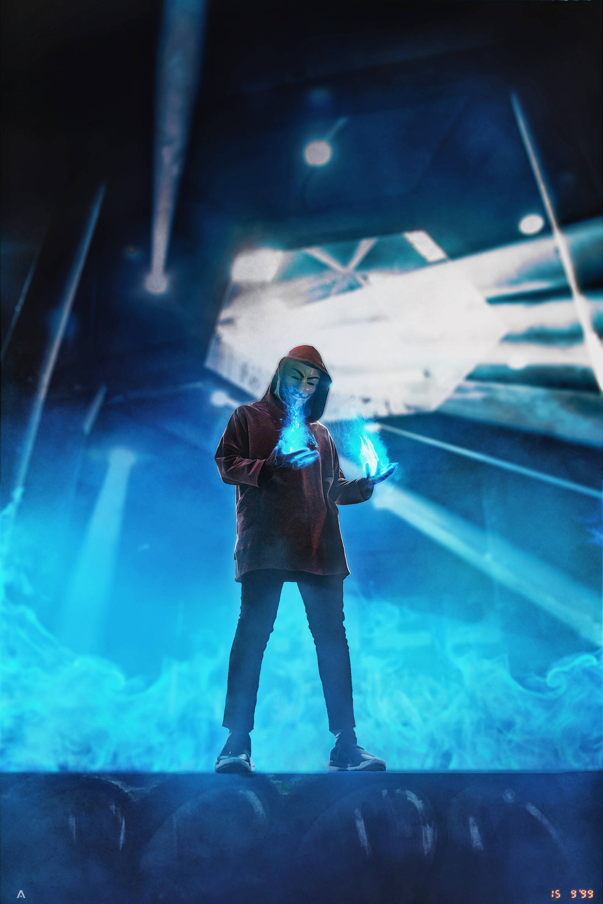 masked figure, red hoodie, dark futuristic chamber, 2K Phone Wallpaper