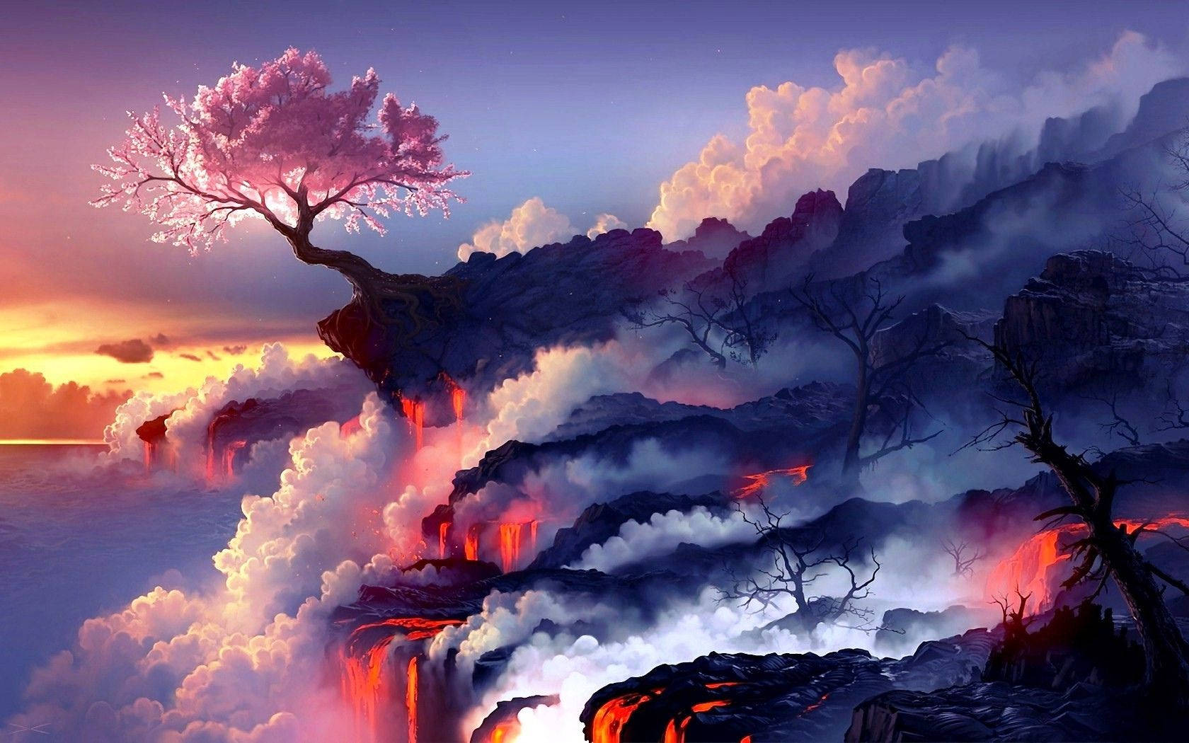 lava mountain, sunset, pink cherry blossom tree, HD Desktop Wallpaper