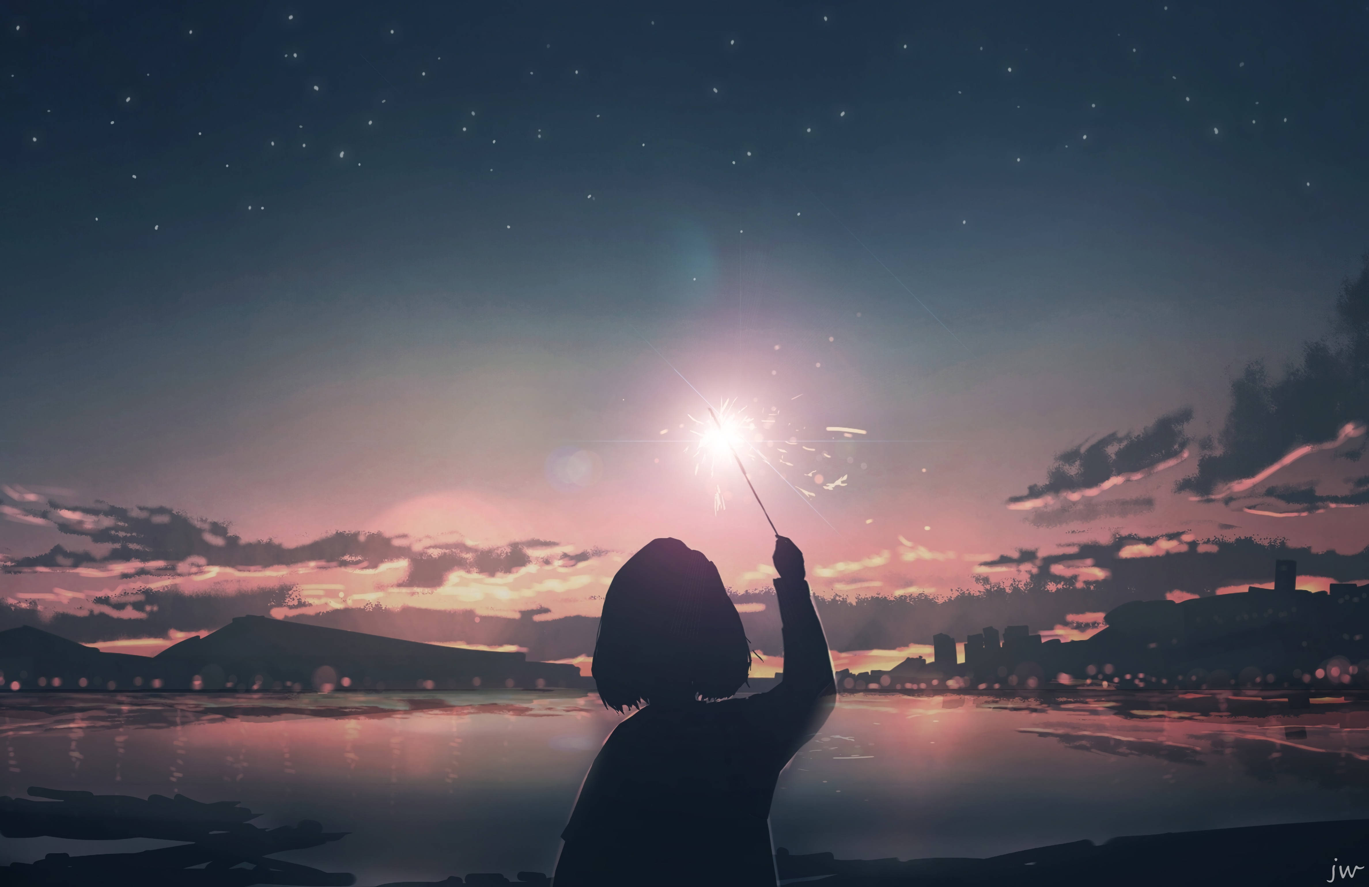 silhouette, young girl, magic wand, 4K Desktop Wallpaper