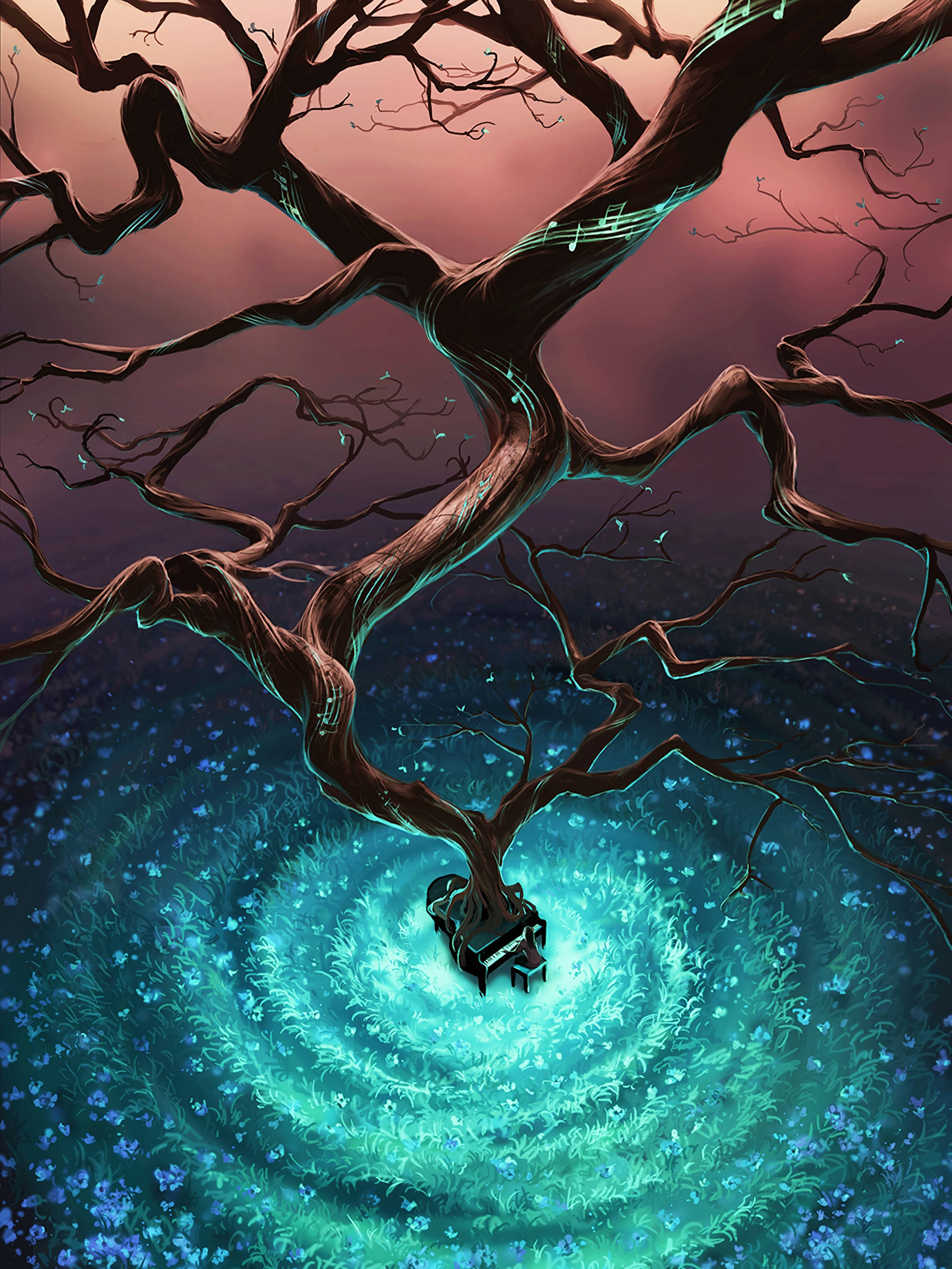 grand piano, glowing teal branches, musical notes swirls, 2K Phone Wallpaper