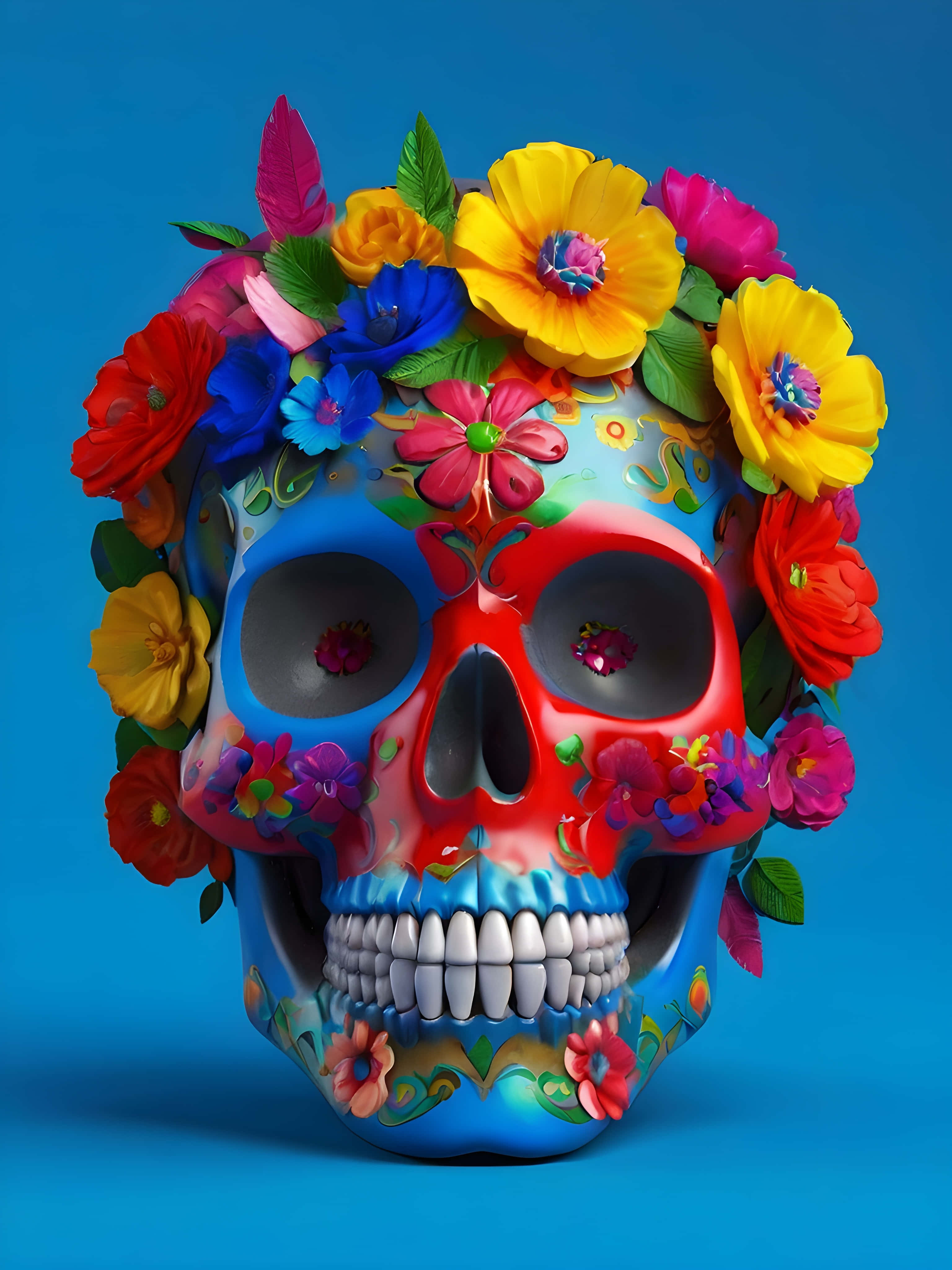 flower skull, sugar skull, colorful flowers, 4K Phone Wallpaper