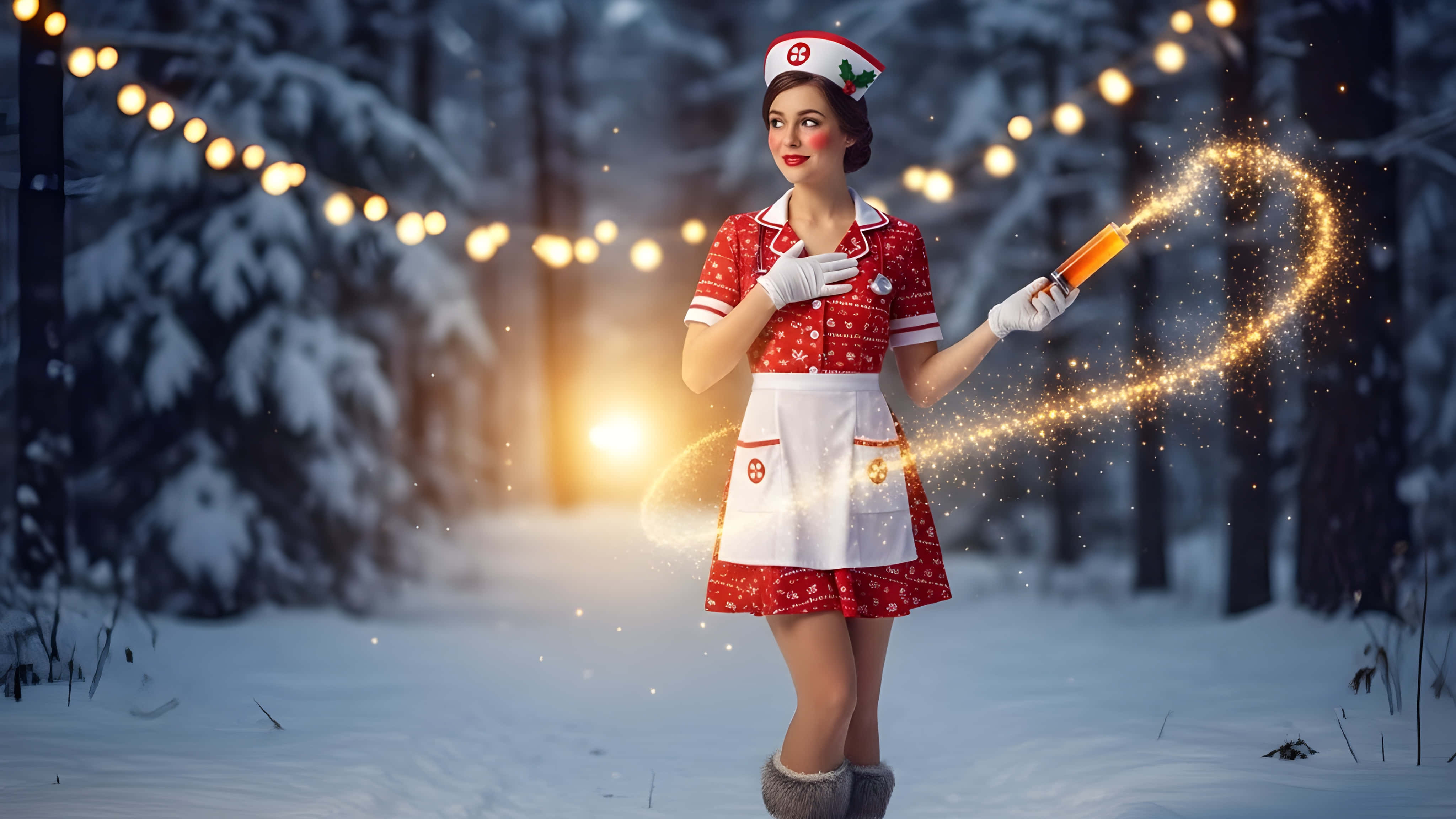 retro nurse, sparkly syringe, snowy forest, 4K Desktop Wallpaper