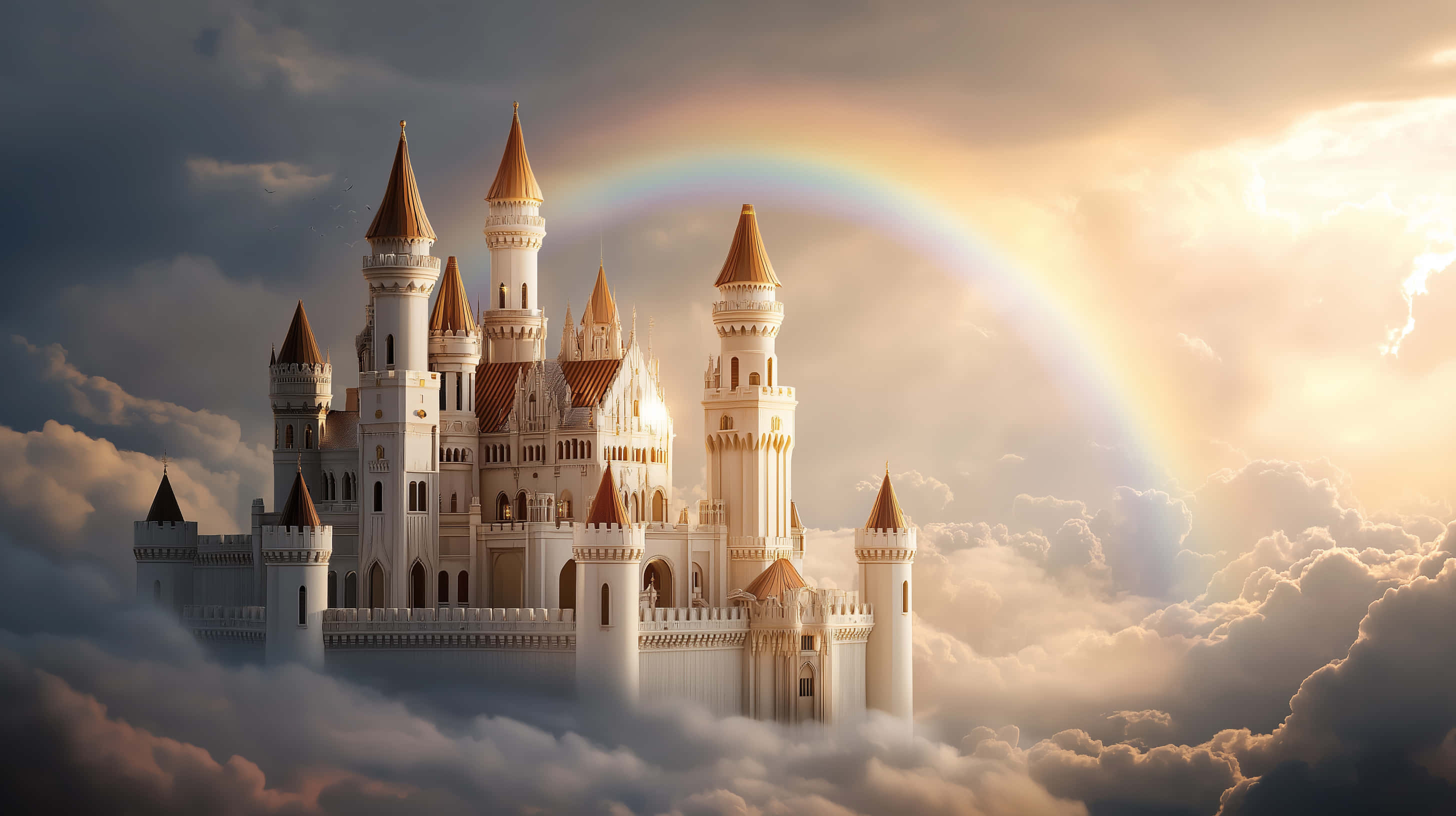 fairytale castle, clouds, arching rainbow, 2K Desktop Wallpaper