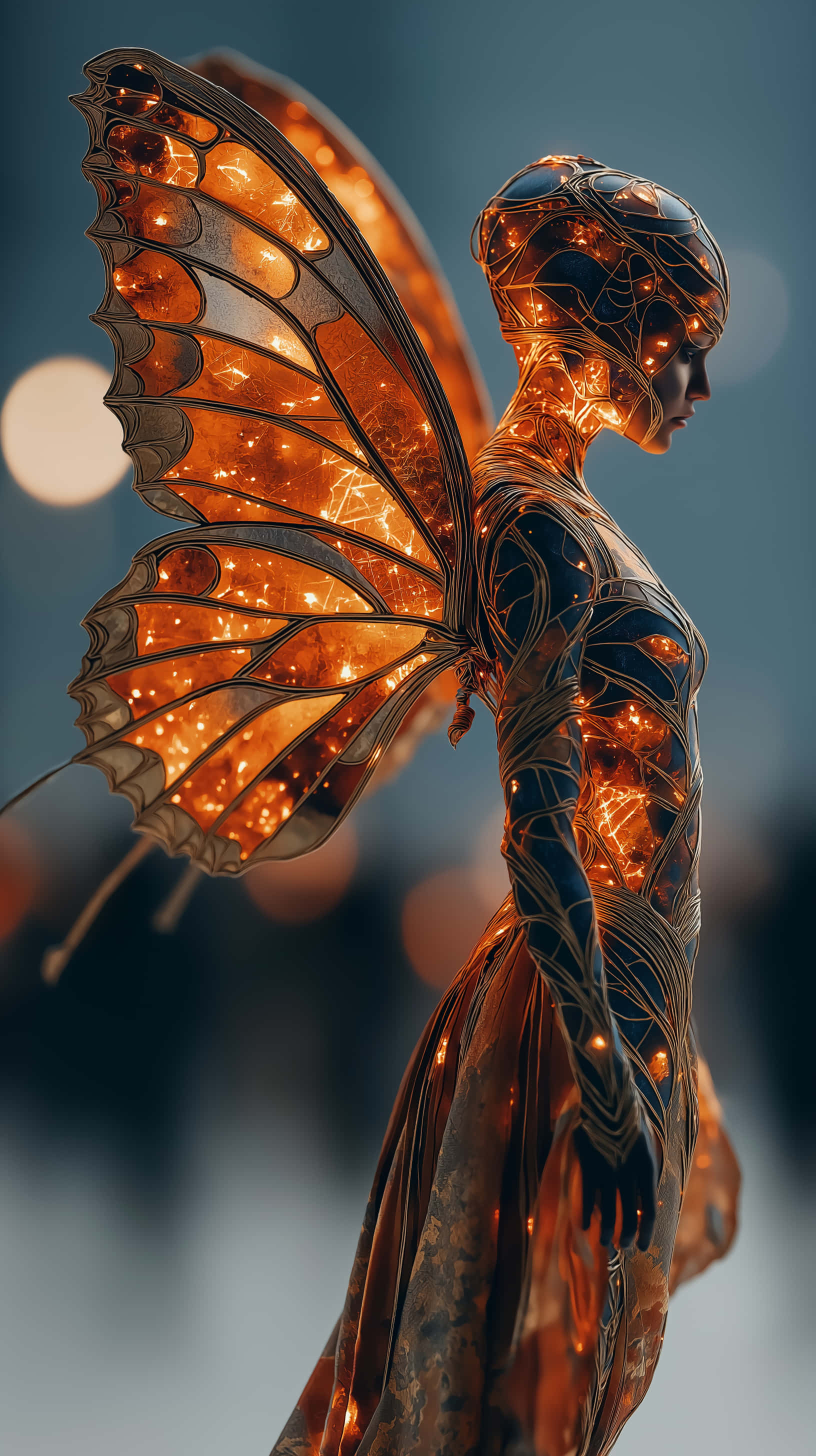 glowing monarch butterfly fairy, intricate golden wings, glowing circuitry patterns, 2K Phone Wallpaper