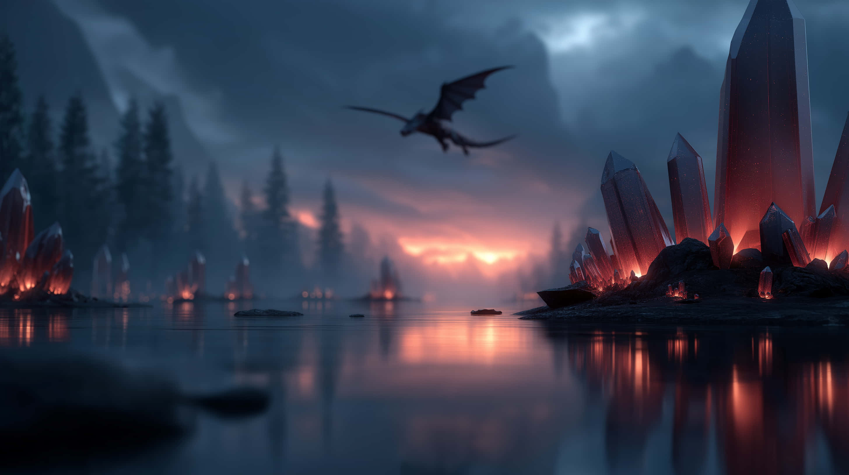 mystical lake, dragon, glowing red crystals, 2K Desktop Wallpaper