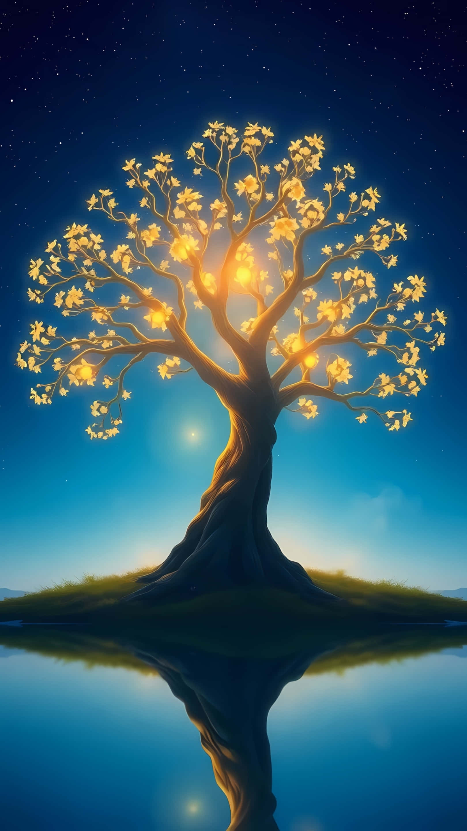 glowing golden tree, starry night sky, calm water, 2K Phone Wallpaper