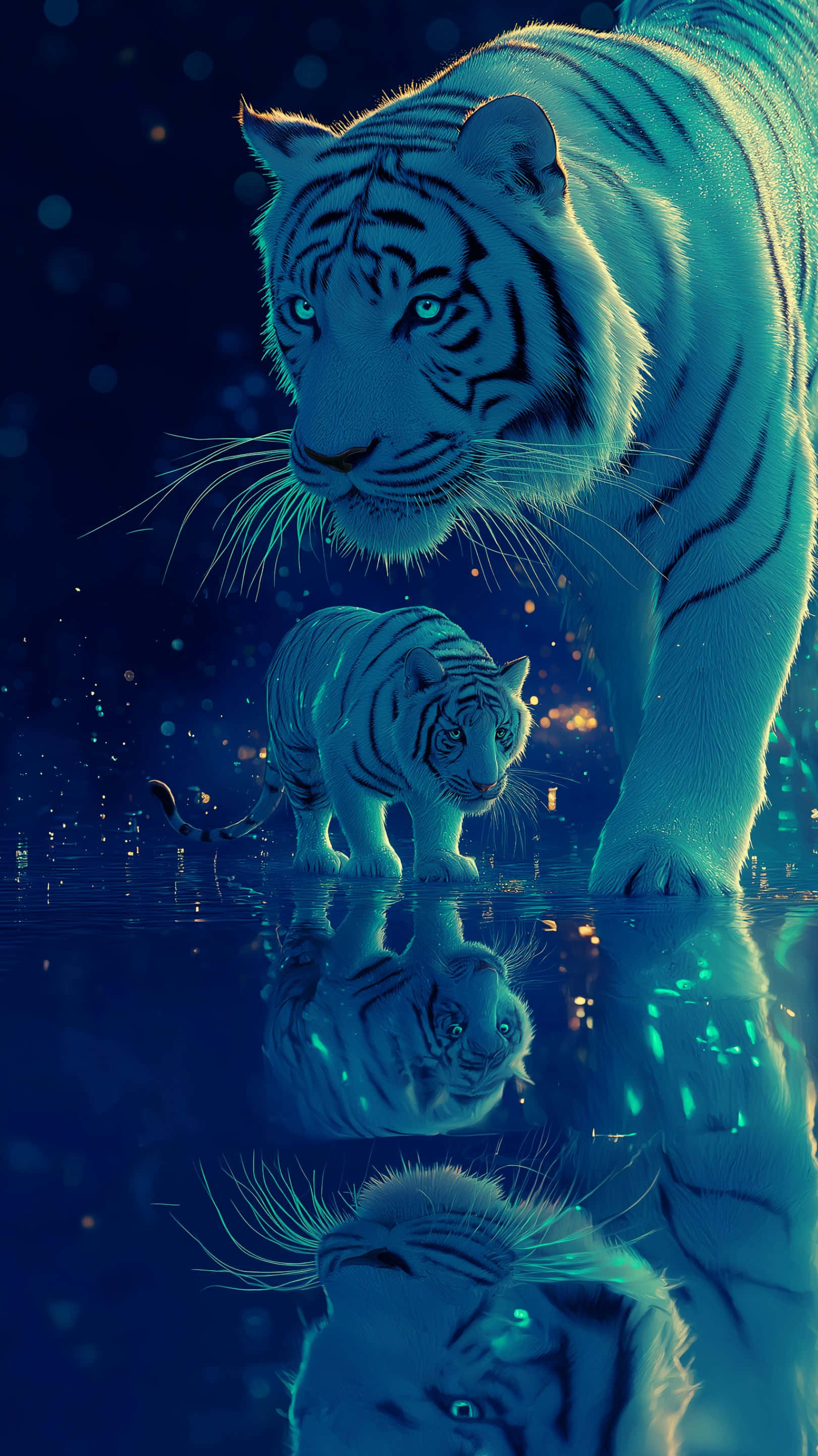 white tigers, glowing blue eyes, mystical watery realm, 2K Phone Wallpaper