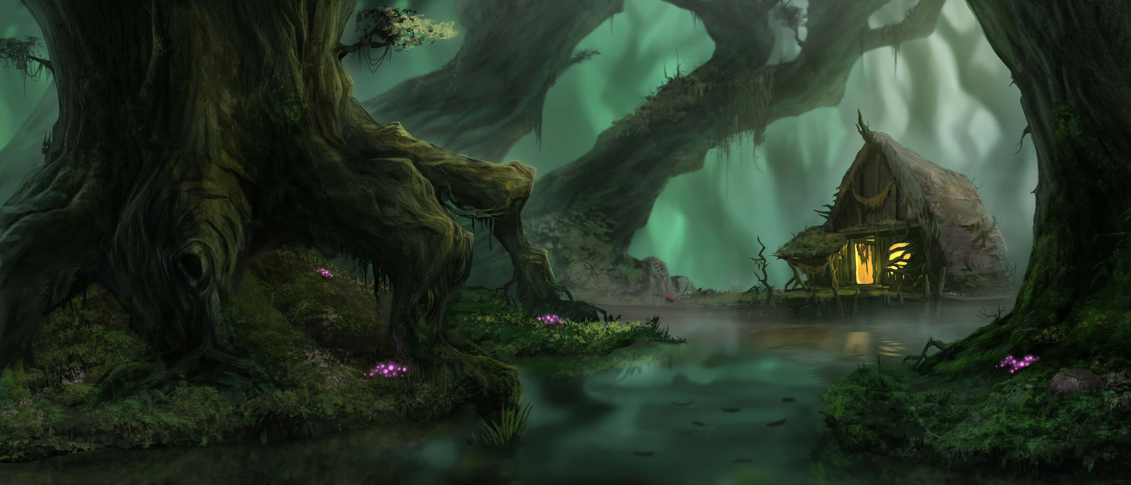 Magical Forest, glowing cabin, colossal ancient trees, 4K Desktop Wallpaper