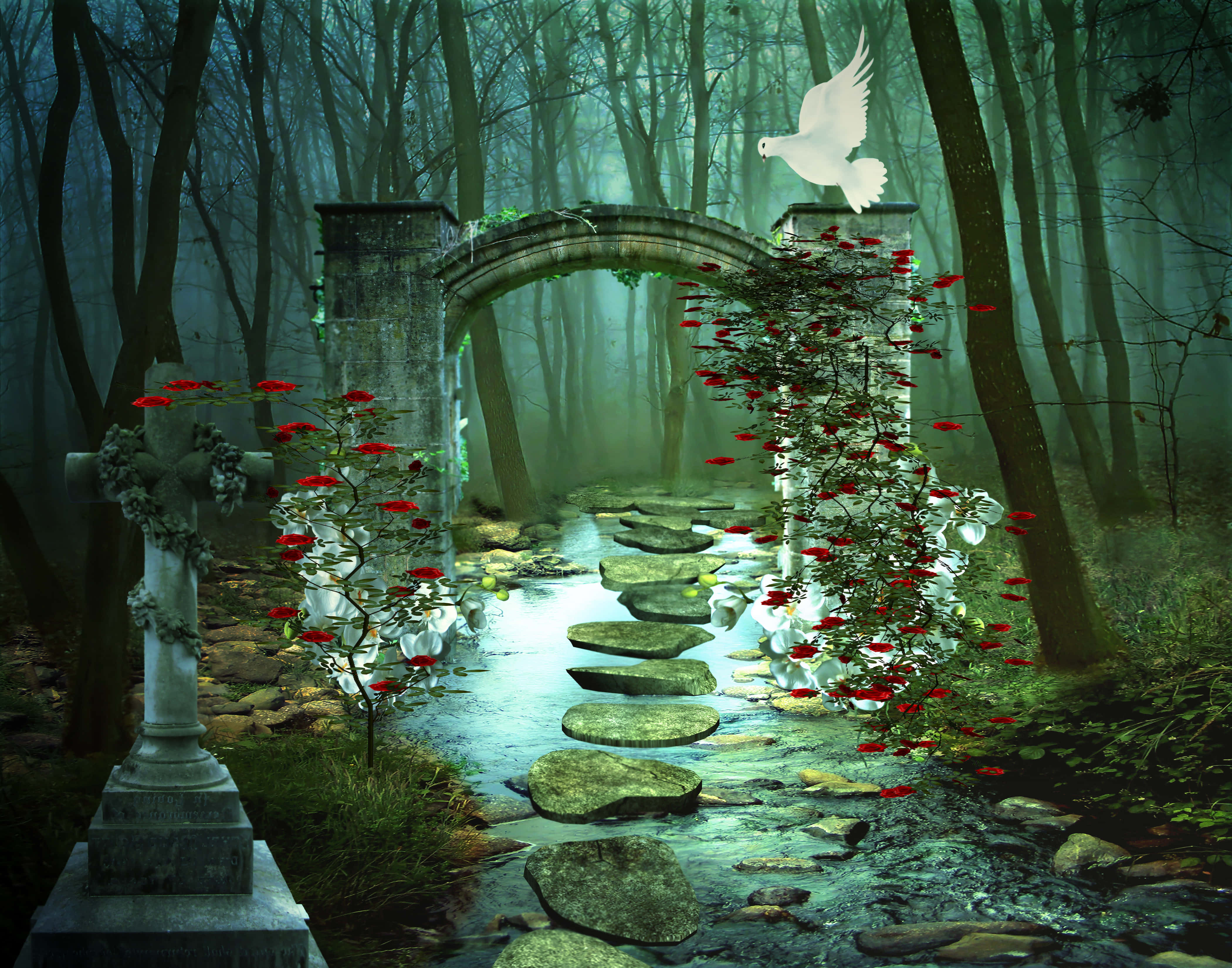 Magical Forest, arched bridge, stone steps, 4K Desktop Wallpaper