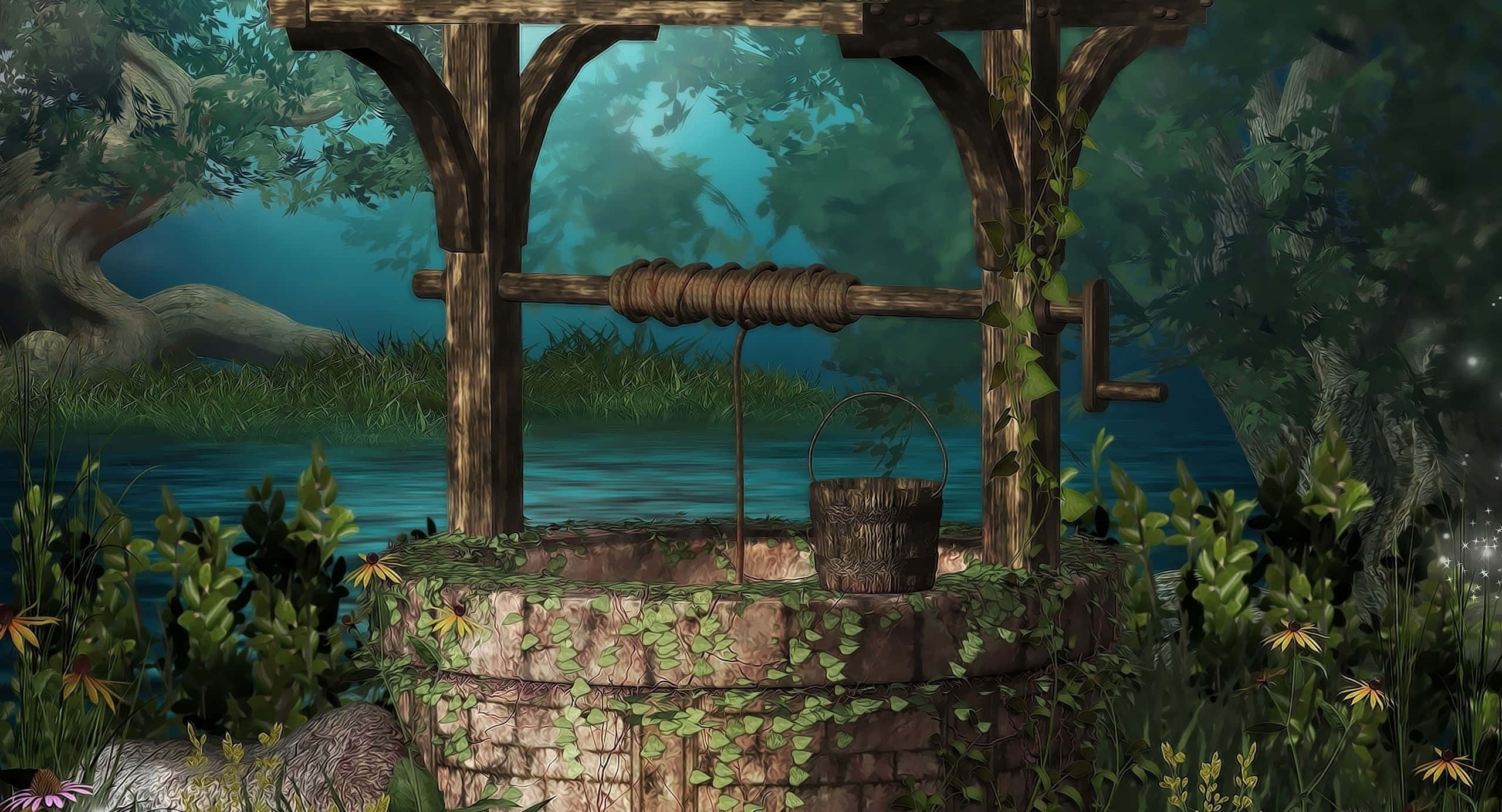 Magical Forest, ancient stone well, wooden pulley, 2K Desktop Wallpaper