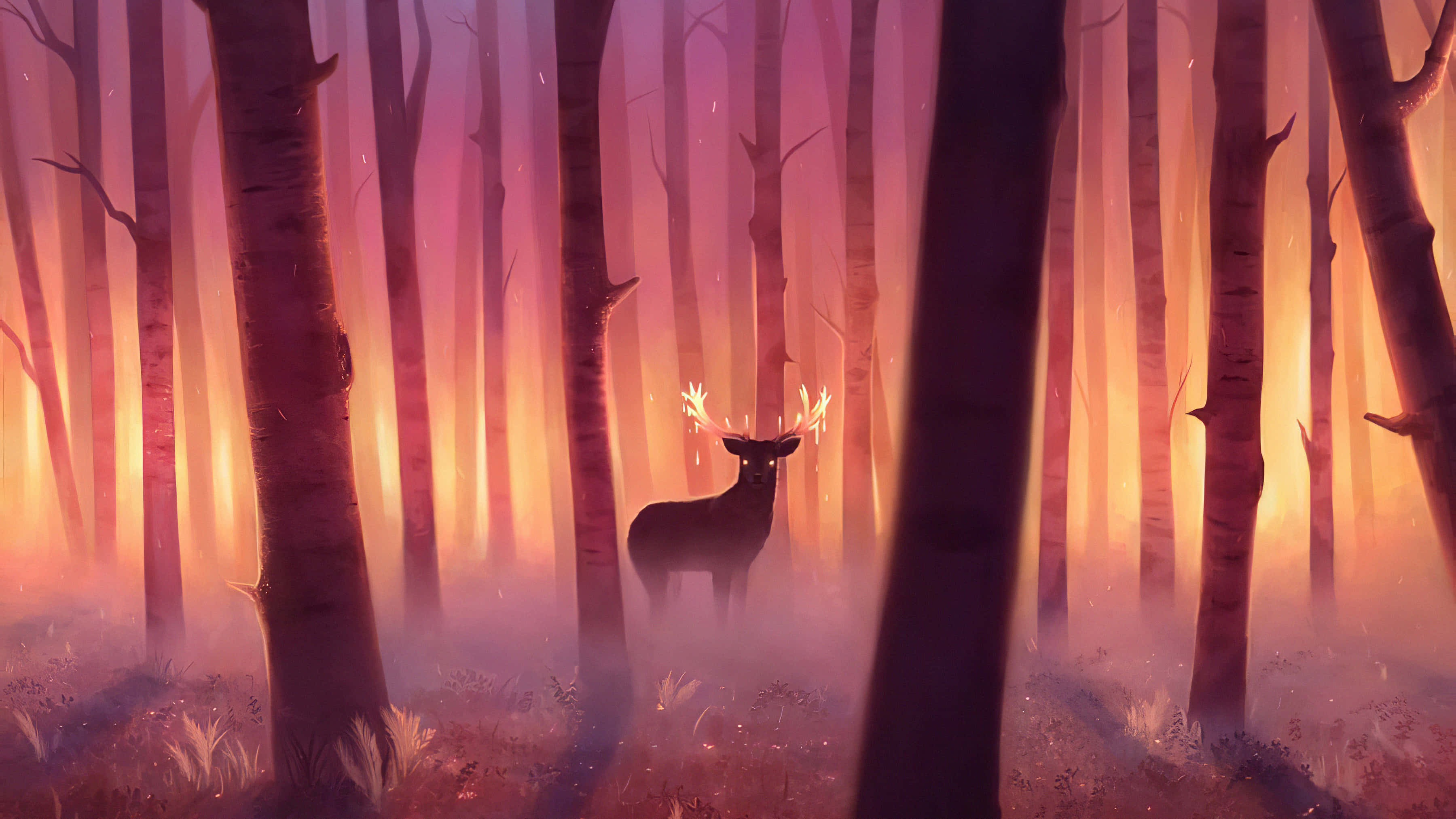 magical forest, mystical deer, glowing antlers, 2K Desktop Wallpaper