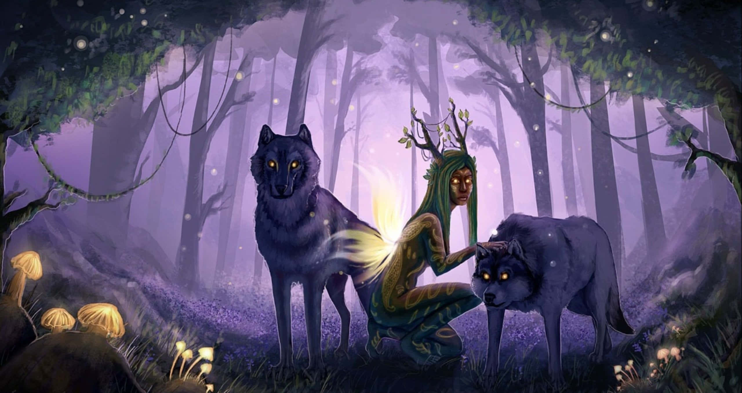 Magical Forest Creatures, mystical figure with antlers, purple forest, 2K Desktop Wallpaper