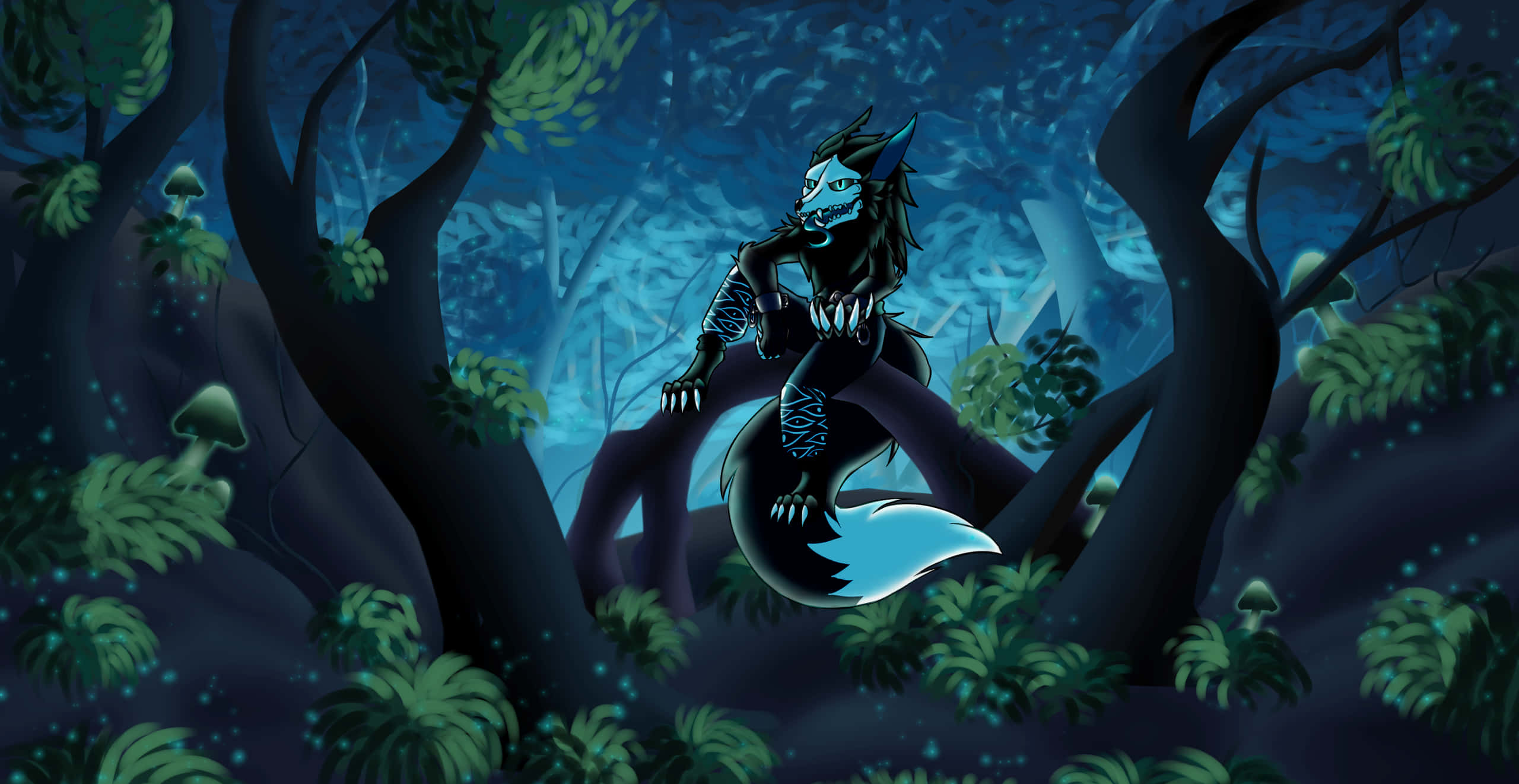 Magical Forest, glowing blue-furred fox-like creature, tree branch, 2K Desktop Wallpaper
