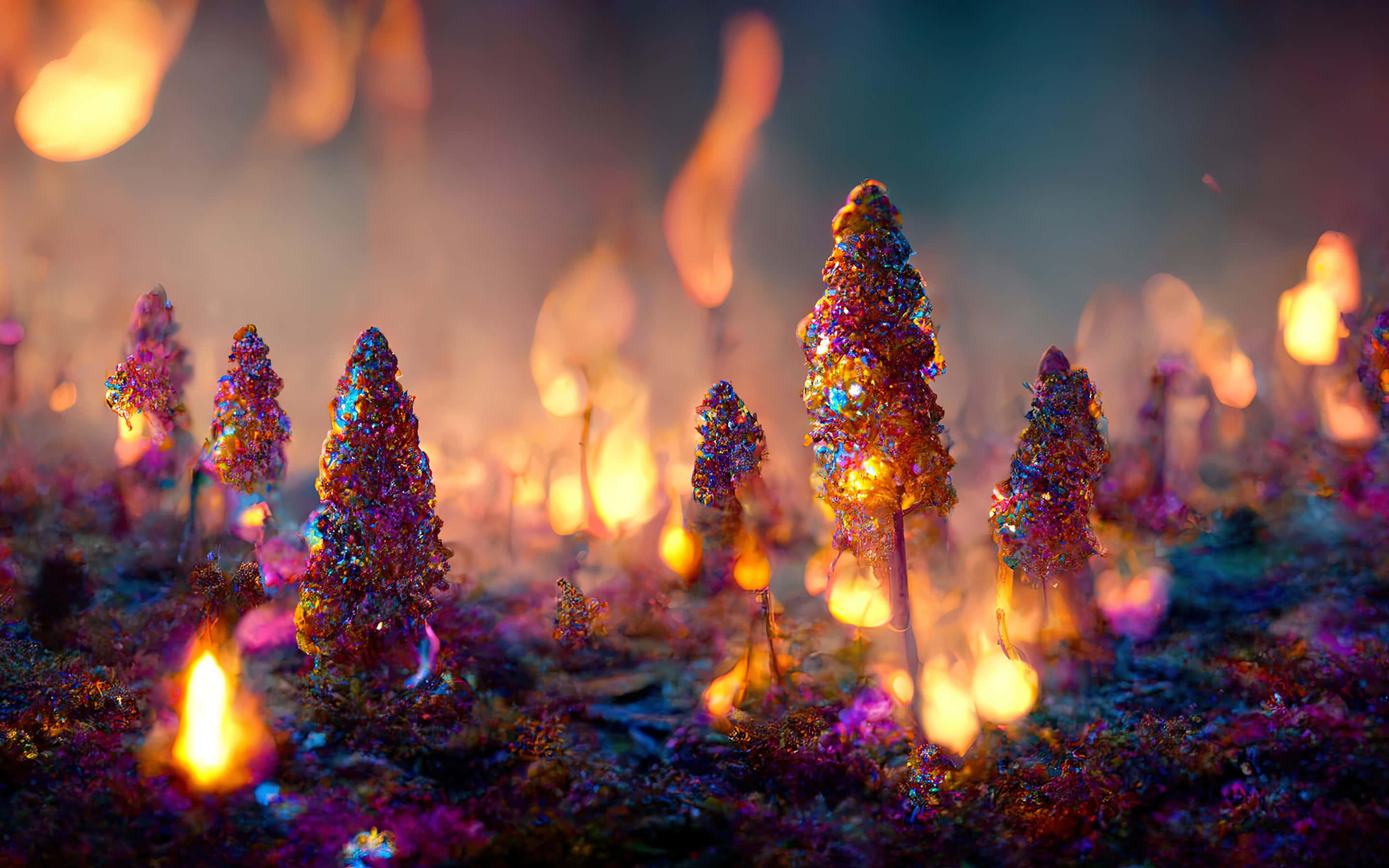 Magical Forest, glittering trees, warm firelight, 2K Desktop Wallpaper