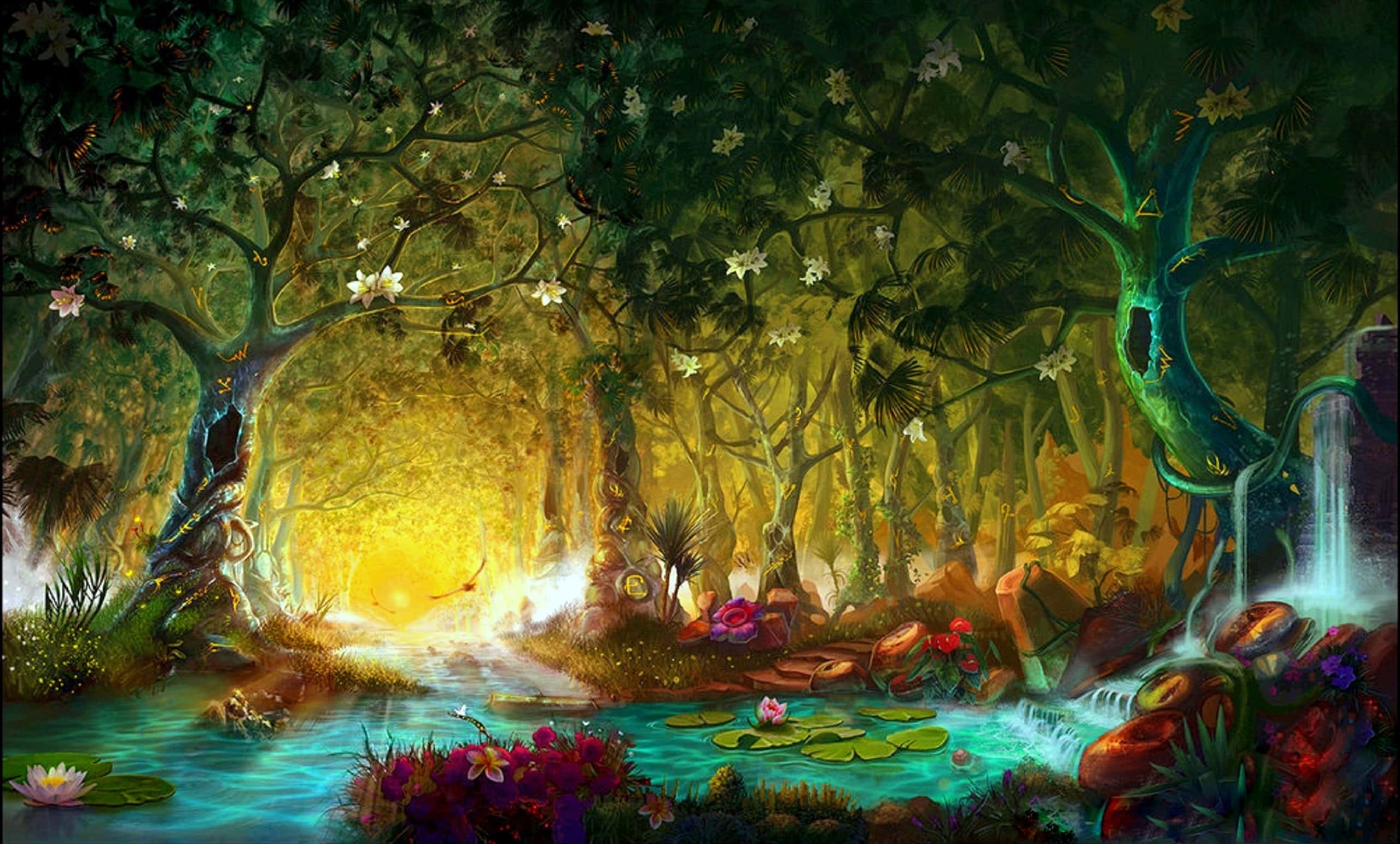 Magical Forest, golden light, ancient trees, 2K Desktop Wallpaper