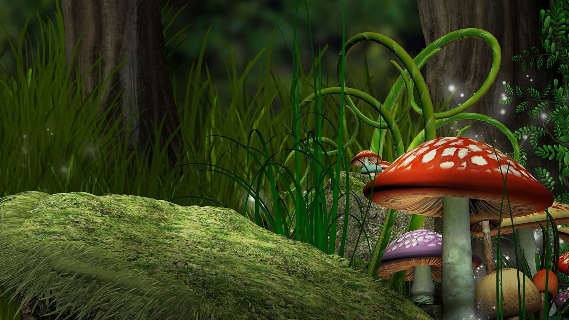 vintage cute mushroom, whimsical digital art, vibrant red and white mushrooms, Full HD Desktop Wallpaper