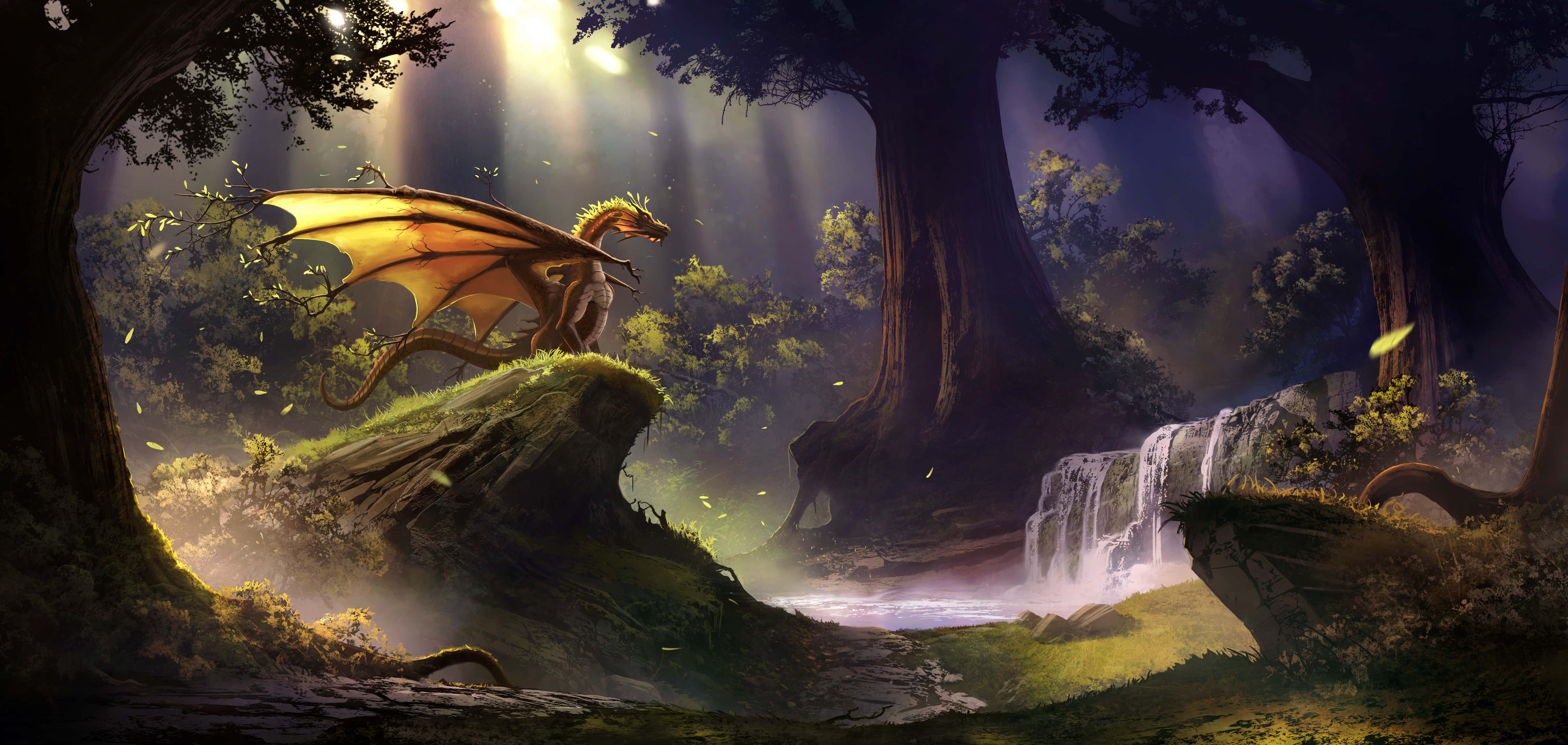golden dragon, mossy rock, mystical forest, 4K Desktop Wallpaper
