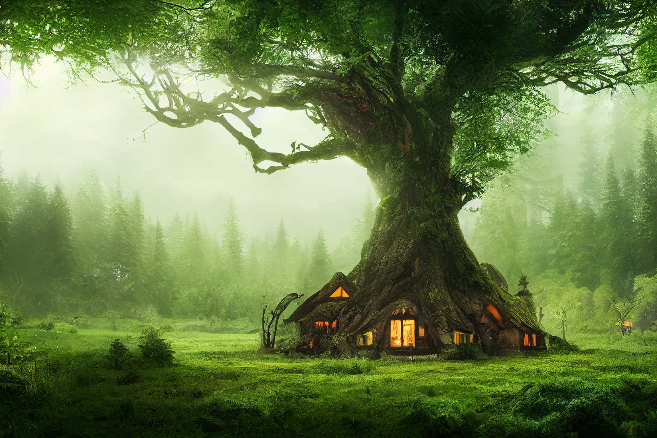 Magical Forest, treehouse, massive ancient tree, Full HD Desktop Wallpaper