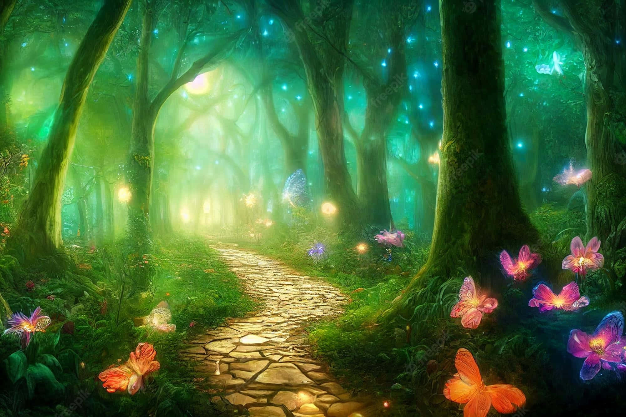 Magical Forest, glowing stone path, bioluminescent flowers, Full HD Desktop Wallpaper