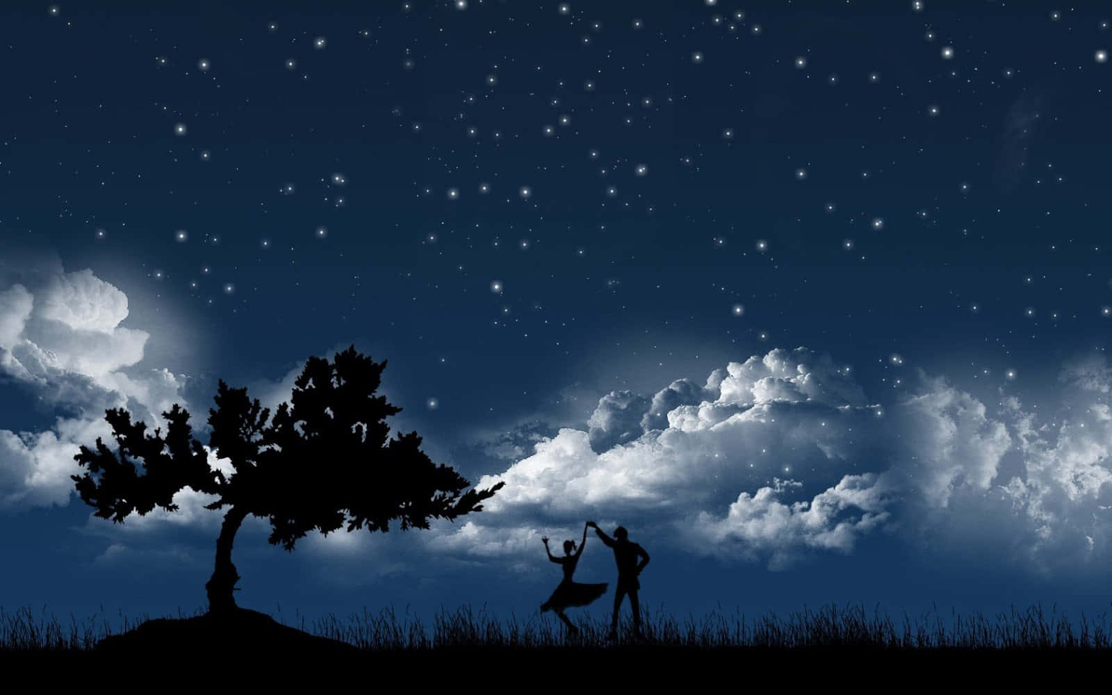 starry night, silhouetted couple, lone tree, HD Desktop Wallpaper