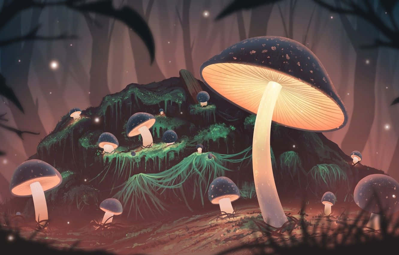glowing mushrooms, mystical forest floor, starry twilight sky, HD Desktop Wallpaper