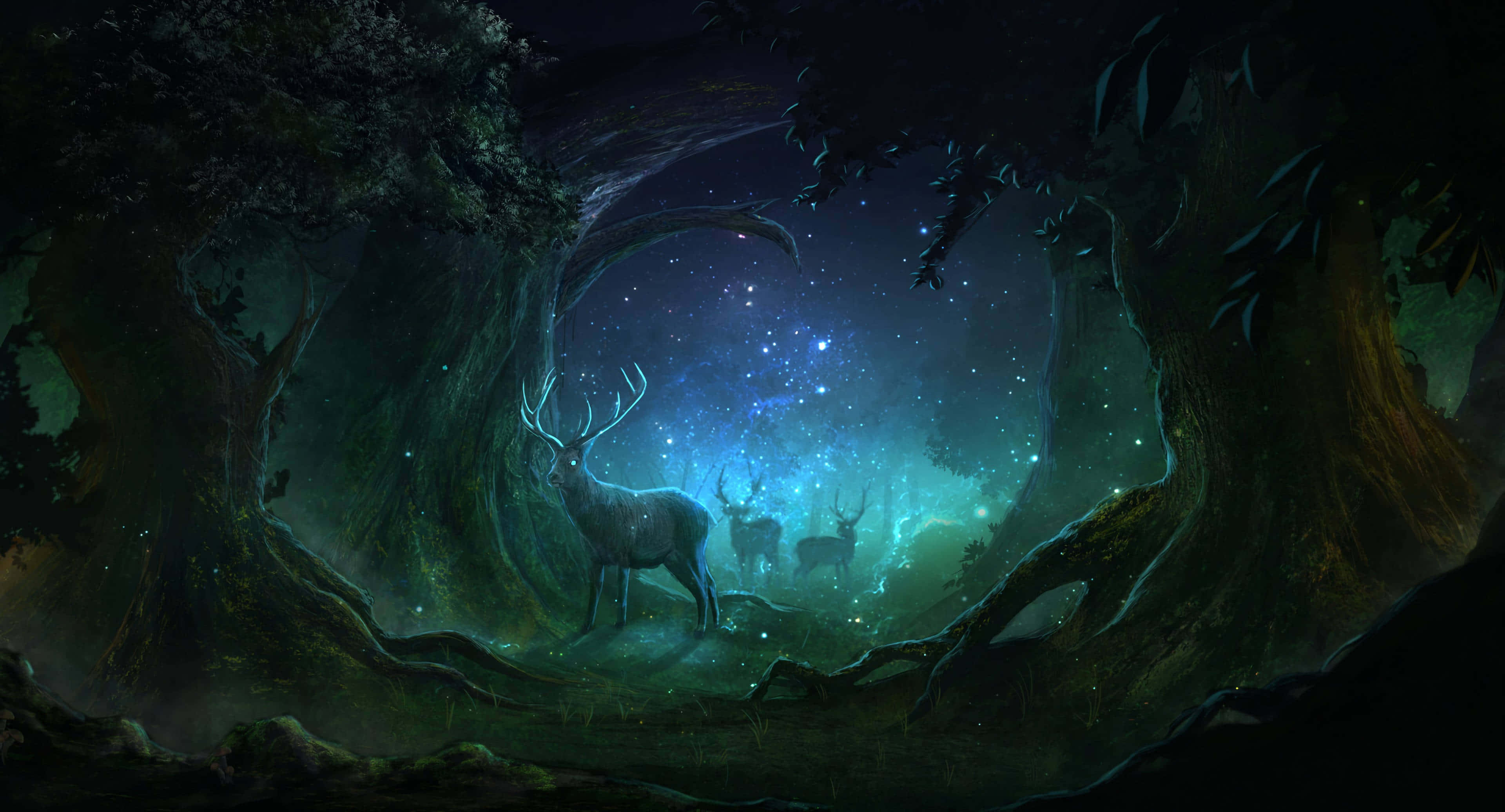 magical forest, glowing stag, starry sky, 4K Desktop Wallpaper