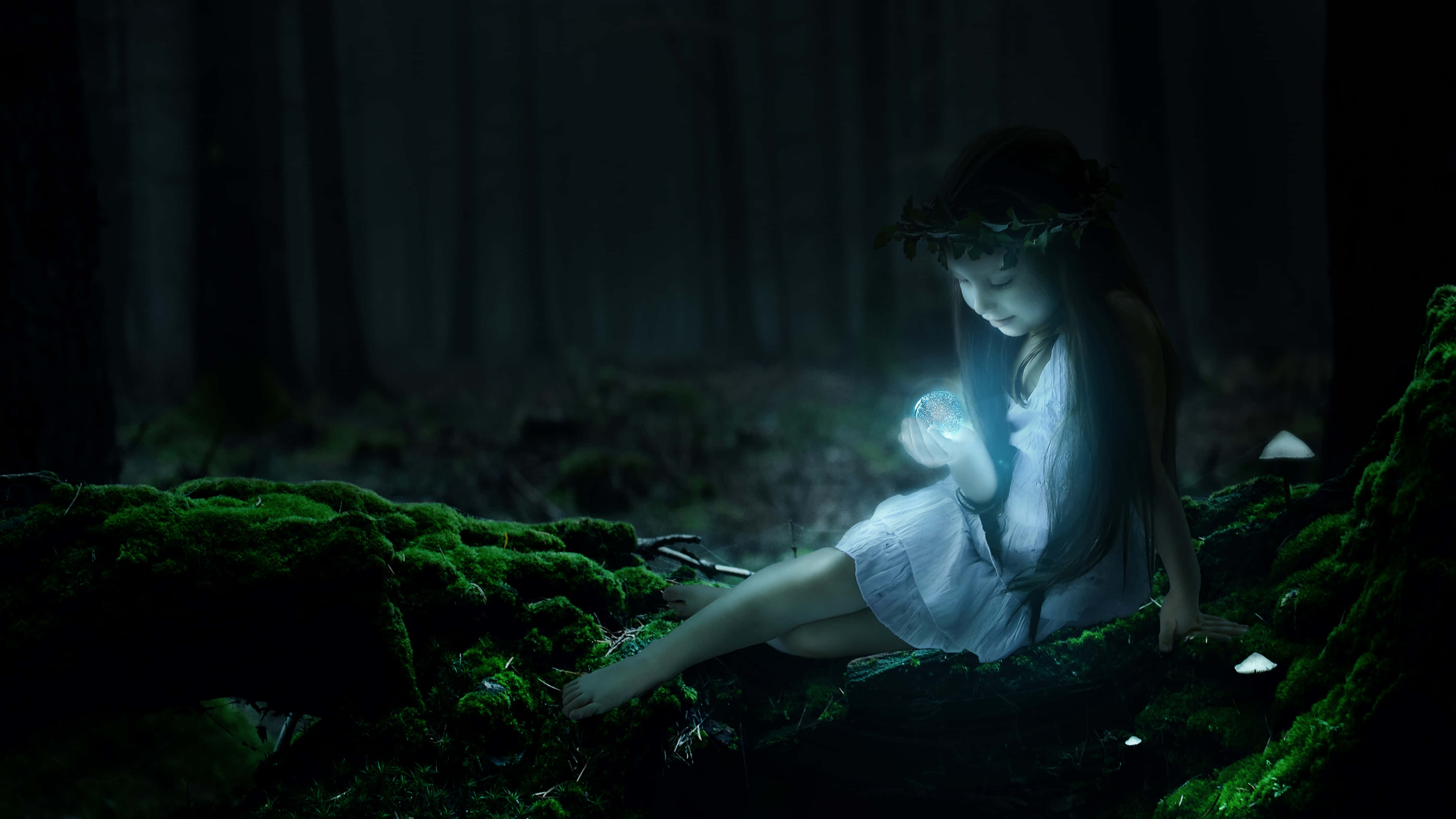 Magical Forest, kid fairy, white dress, 4K Desktop Wallpaper