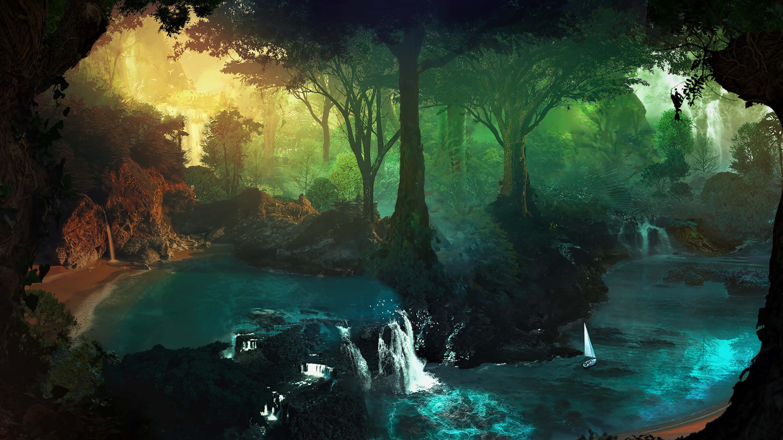 Magical Forest, glowing turquoise waters, river, 2K Desktop Wallpaper