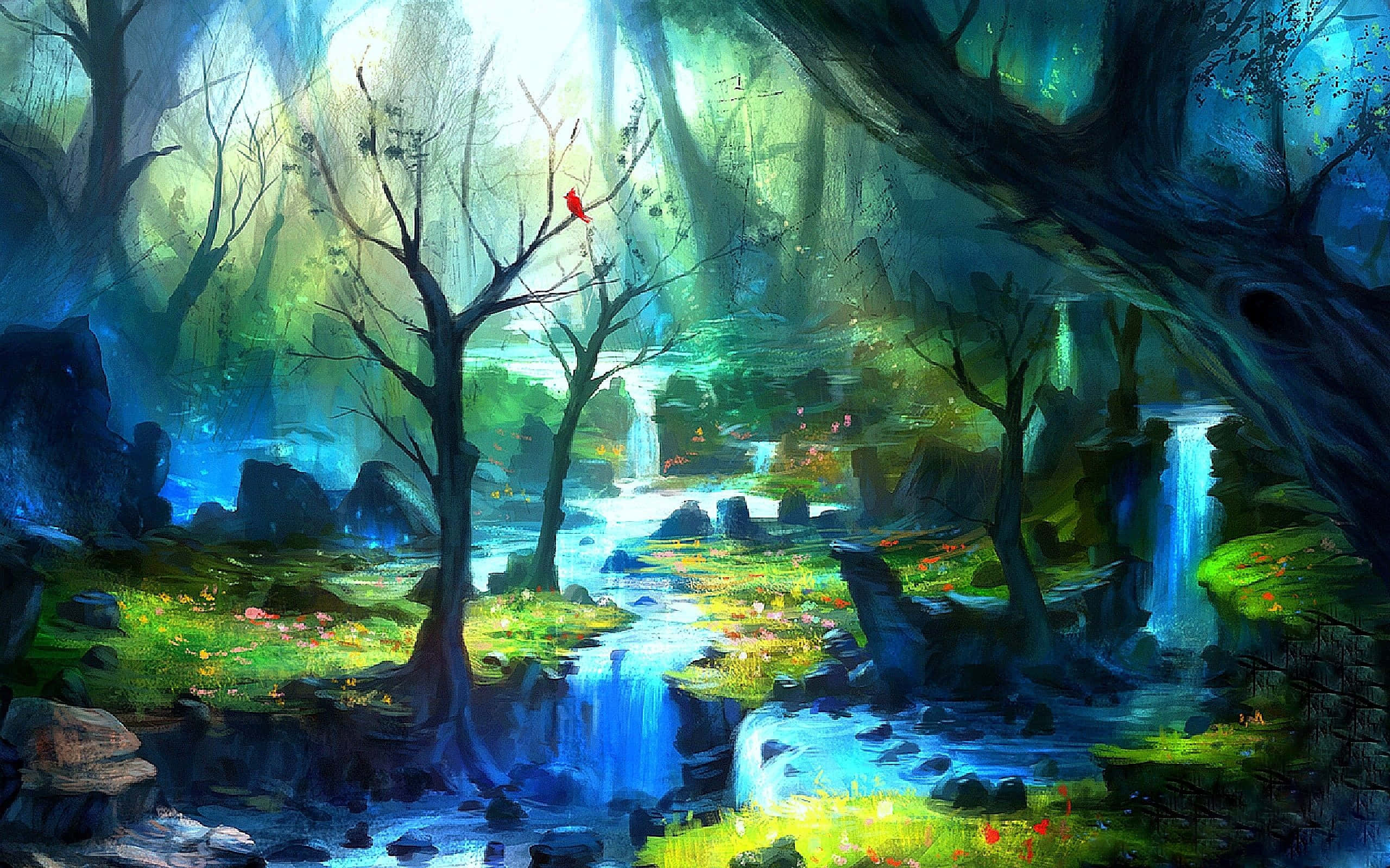 Magical Forest, glowing waterfalls, emerald light, 2K Desktop Wallpaper