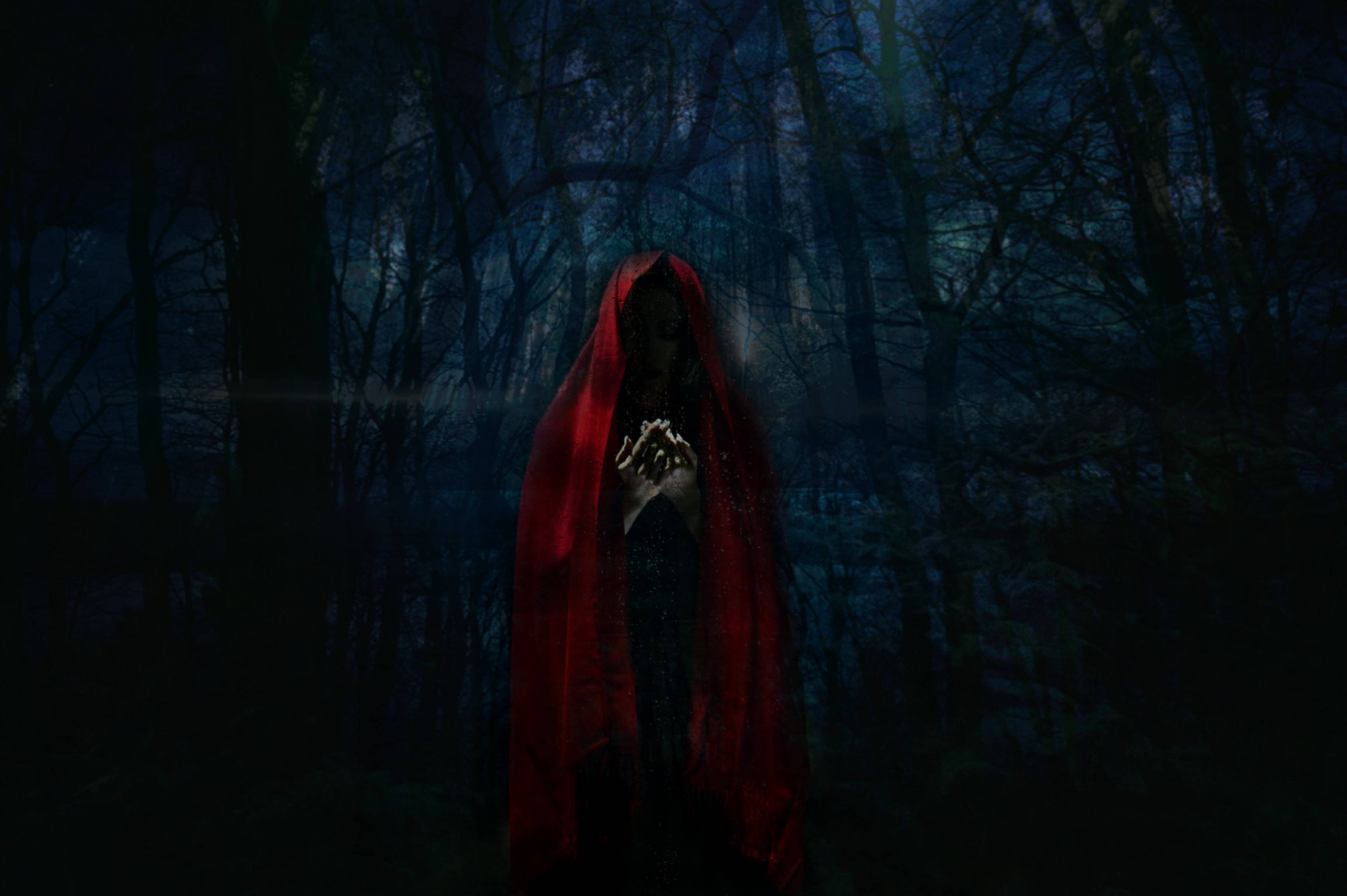 creepy red hood forest, red hood, dark eerie forest, 2K Desktop Wallpaper