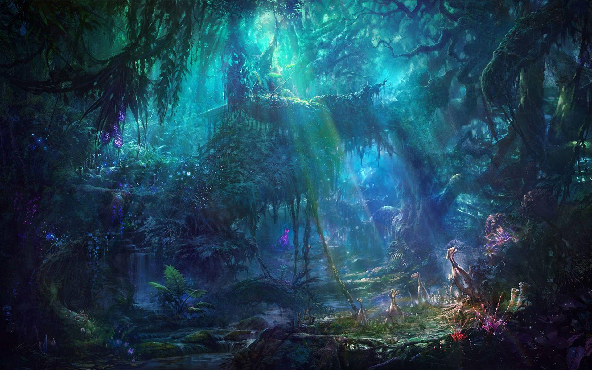 enchanted forest, glowing blue light, dense mystical jungle canopy, Full HD Desktop Wallpaper