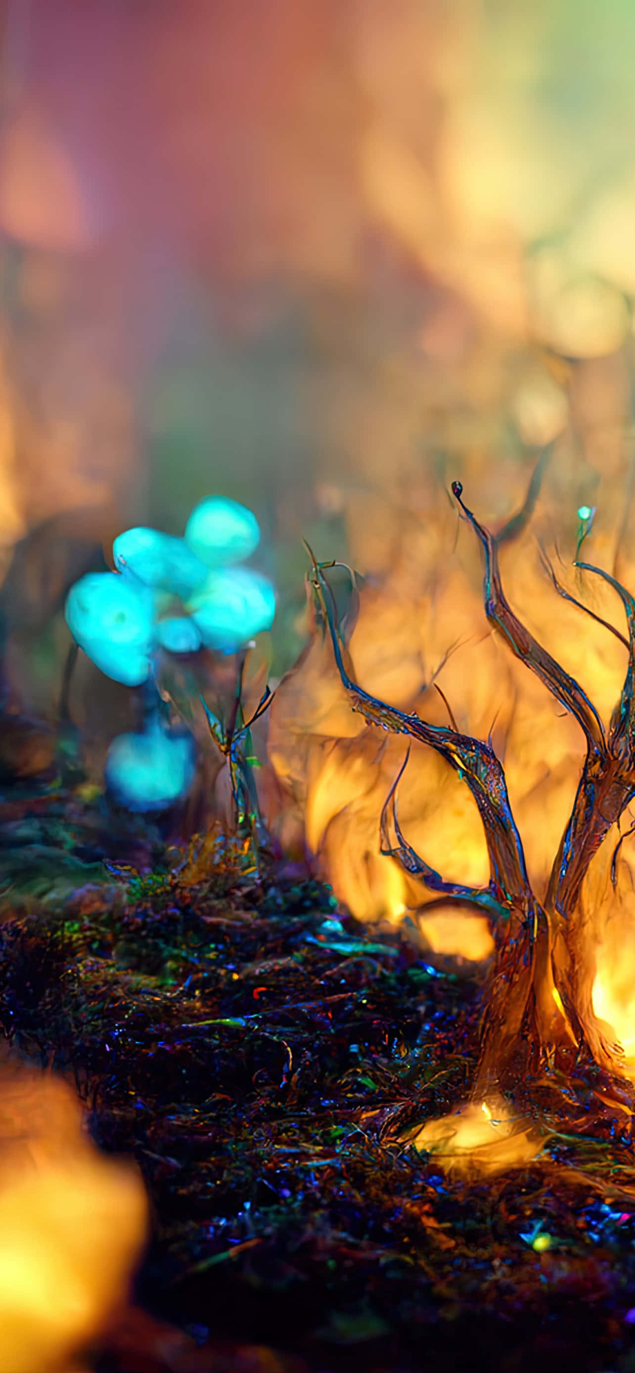 Magical Forest, glowing blue mushrooms, twisted tree branches, 2K Phone Wallpaper